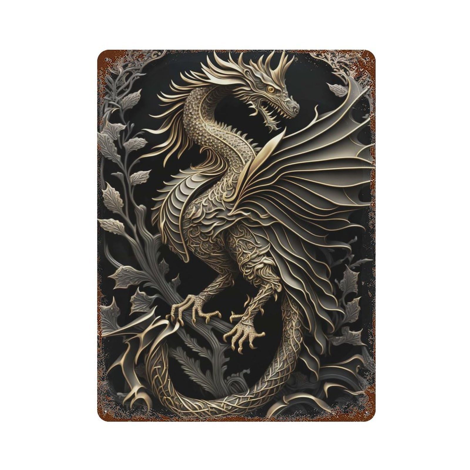 Garage Style King Of Dragon Art Deco Distressed Metal Wall Sign 15.7"x11.8", Rustic Home Decor for Bar And Workshop