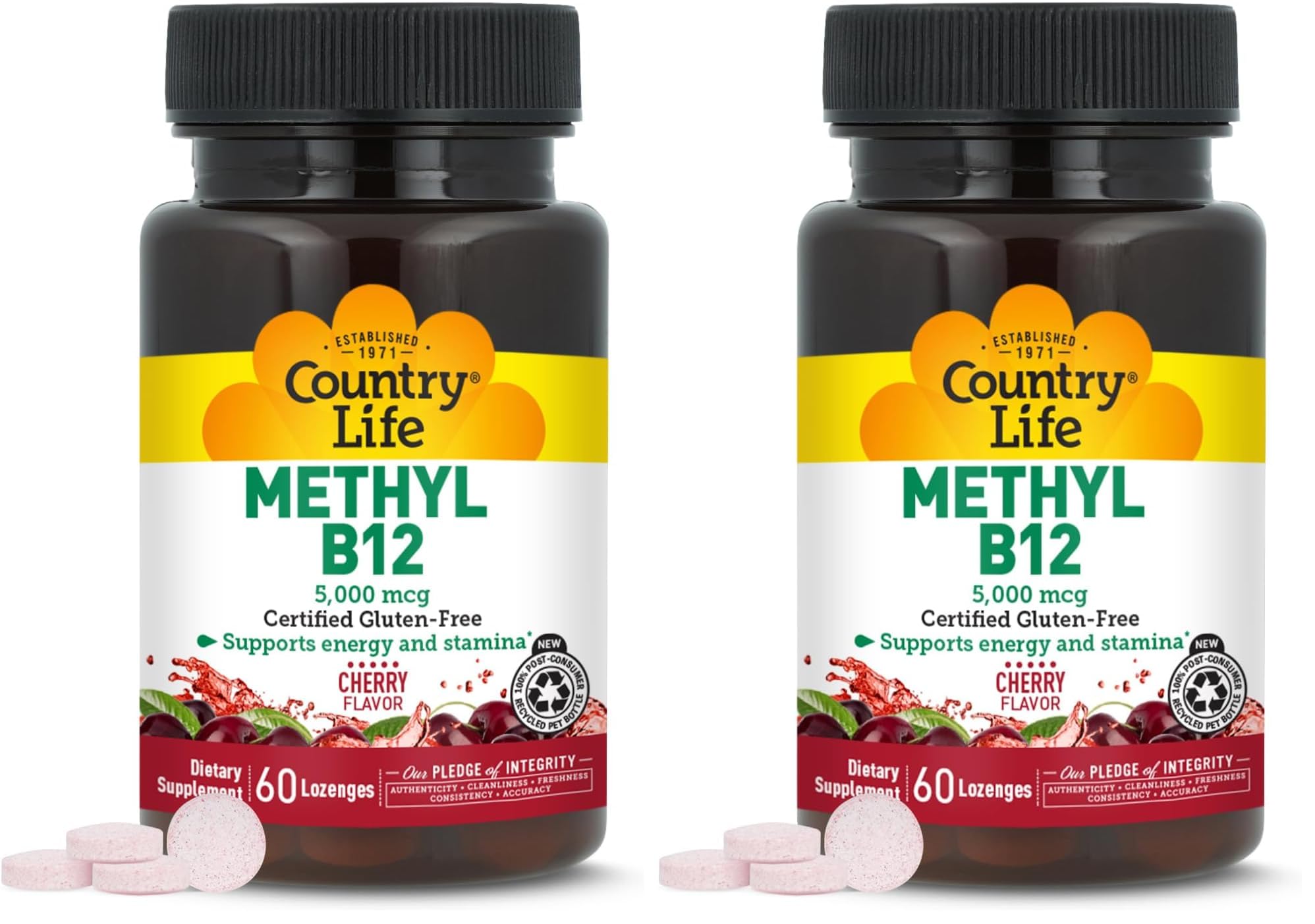 Country Life Methyl B12, Supports Energy & Stamina, 5,000mcg, 60 Lozenges, Certified Gluten Free, Certified Vegan, Certified Non-GMO Verified (Pack of 2) 60 Count (Pack of 2)