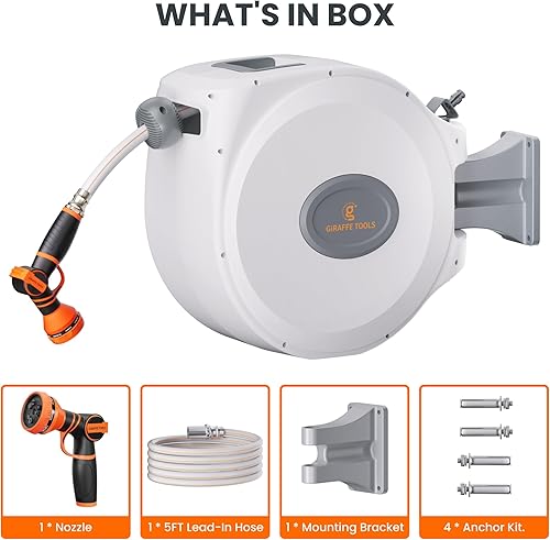 Miniatura 7 de Giraffe Tools CW20 Carrete retráctil para manguera de jardín de 58 pulgadas x 60 pies, carrete de manguera de agua resistente, soporte giratorio,