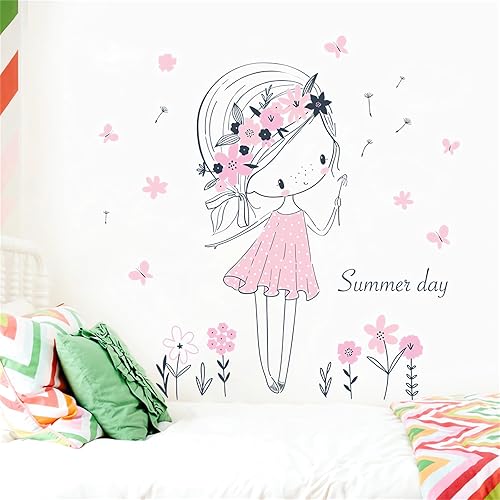 Miniatura 4 de Calcomanías de pared de niña de diente de león rosa pálido, calcomanías de pared de arte de hadas de flores de verano removibles para guardería
