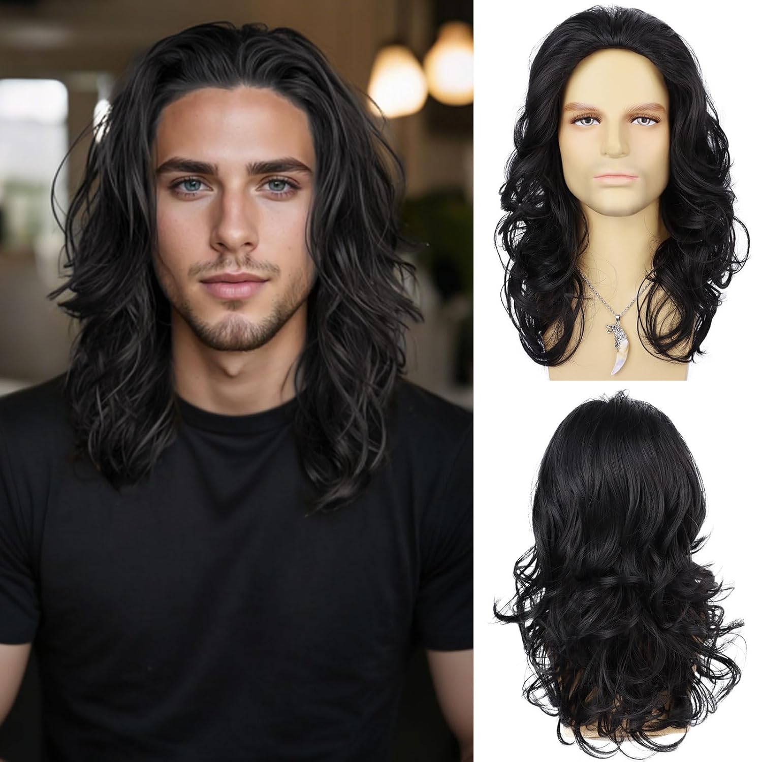Mens Black Wig Long Curly Wavy Hair Wigs Natural Look Brunette Heat Resistant Synthetic Retro Male Wig for Daily Party Costume Cospaly Halloween or Fun?Black? Long Black