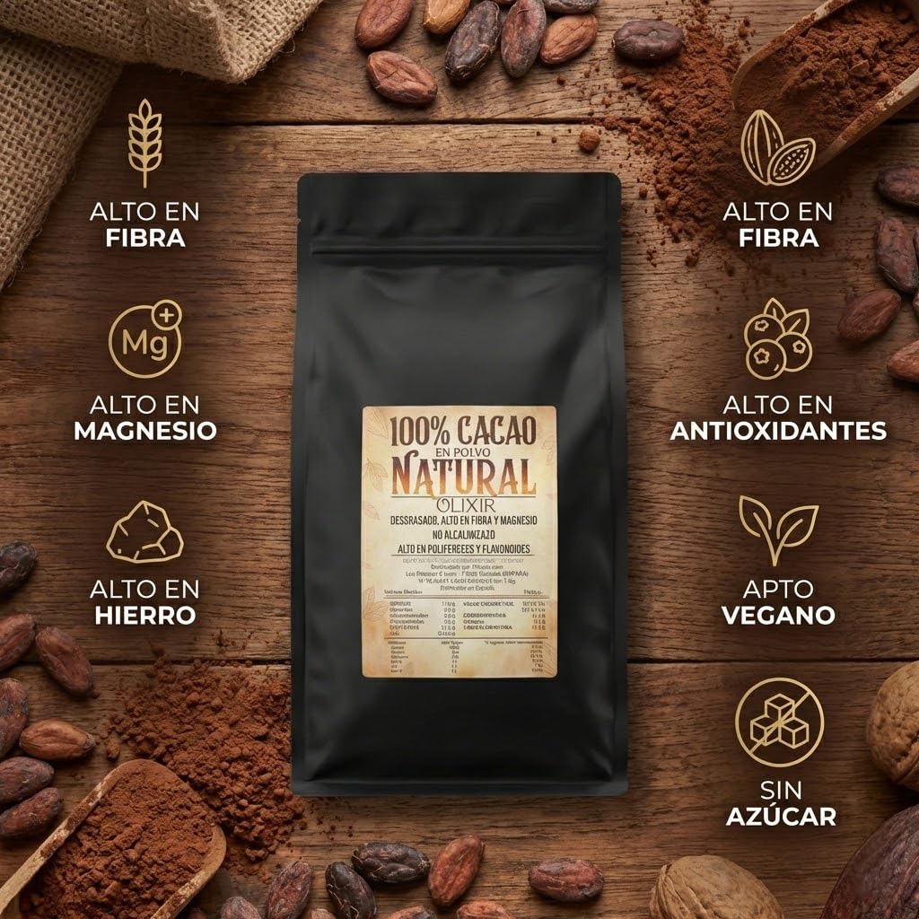 Cacao Puro No Alcalinizado | Blend Artesano Aromático y Balanceado | 100% Natural y Sin Azúcar | Alto en Antioxidantes y Fibra | 10-12% Grasa | Repostería, Smoothies, Chocolate Caliente (1 kilo)