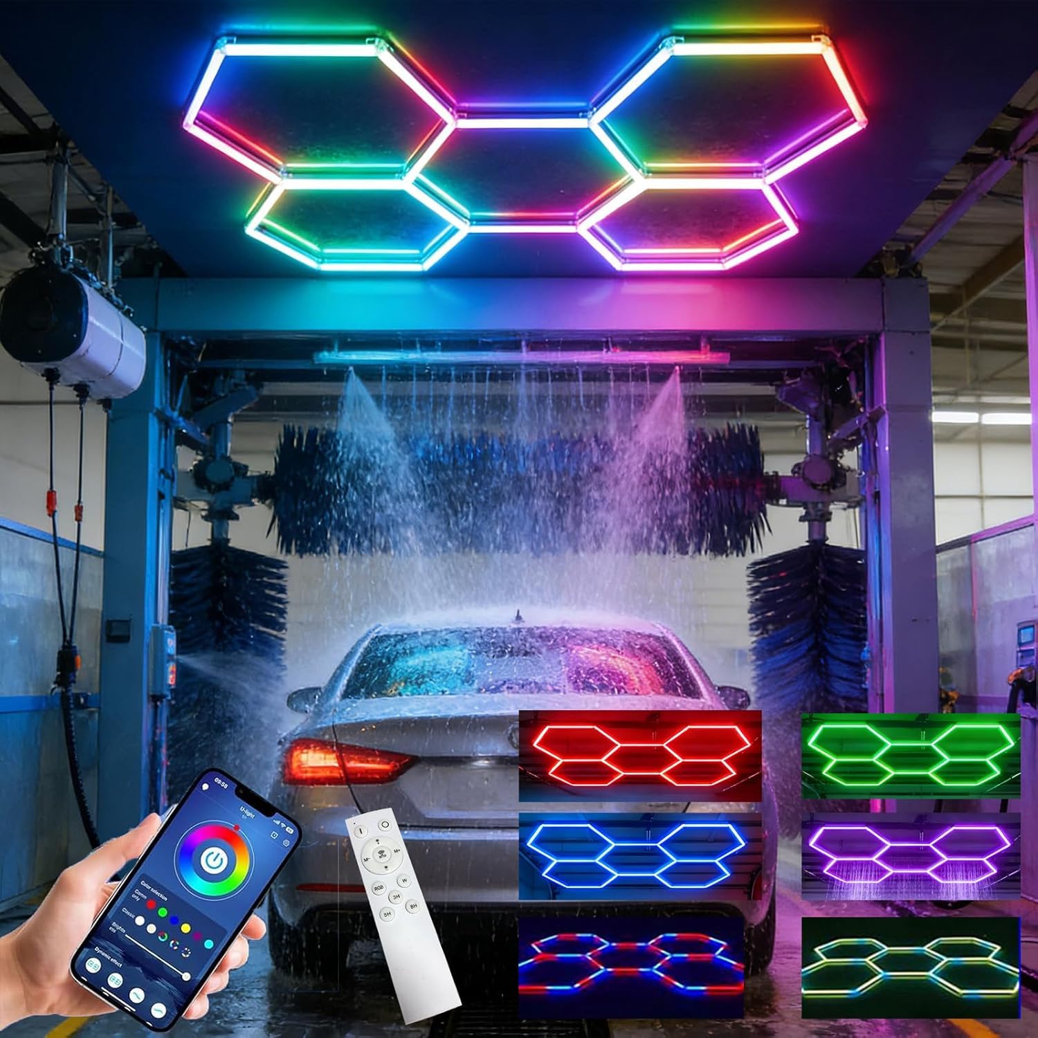 NEW RGB Hexagon Lights Hexagon Garage Light with Music Mode Hexagon Ceiling Led Lights with Color Changing Remote Garage LED Panel Light Car Detailing LED Shop Light for Basement Gym Bar Decor ,RGB