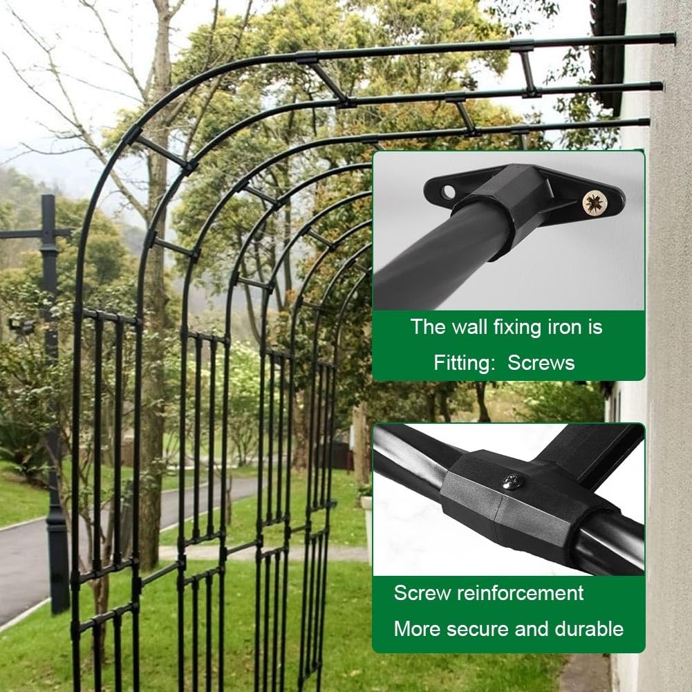 Metalowa kratka ogrodowa na róże pnące – stylowy łuk ścienny do dekoracji patio i dziedzińca (300 x 240 cm) – mocne podparcie dla winorośli i kwiatów.