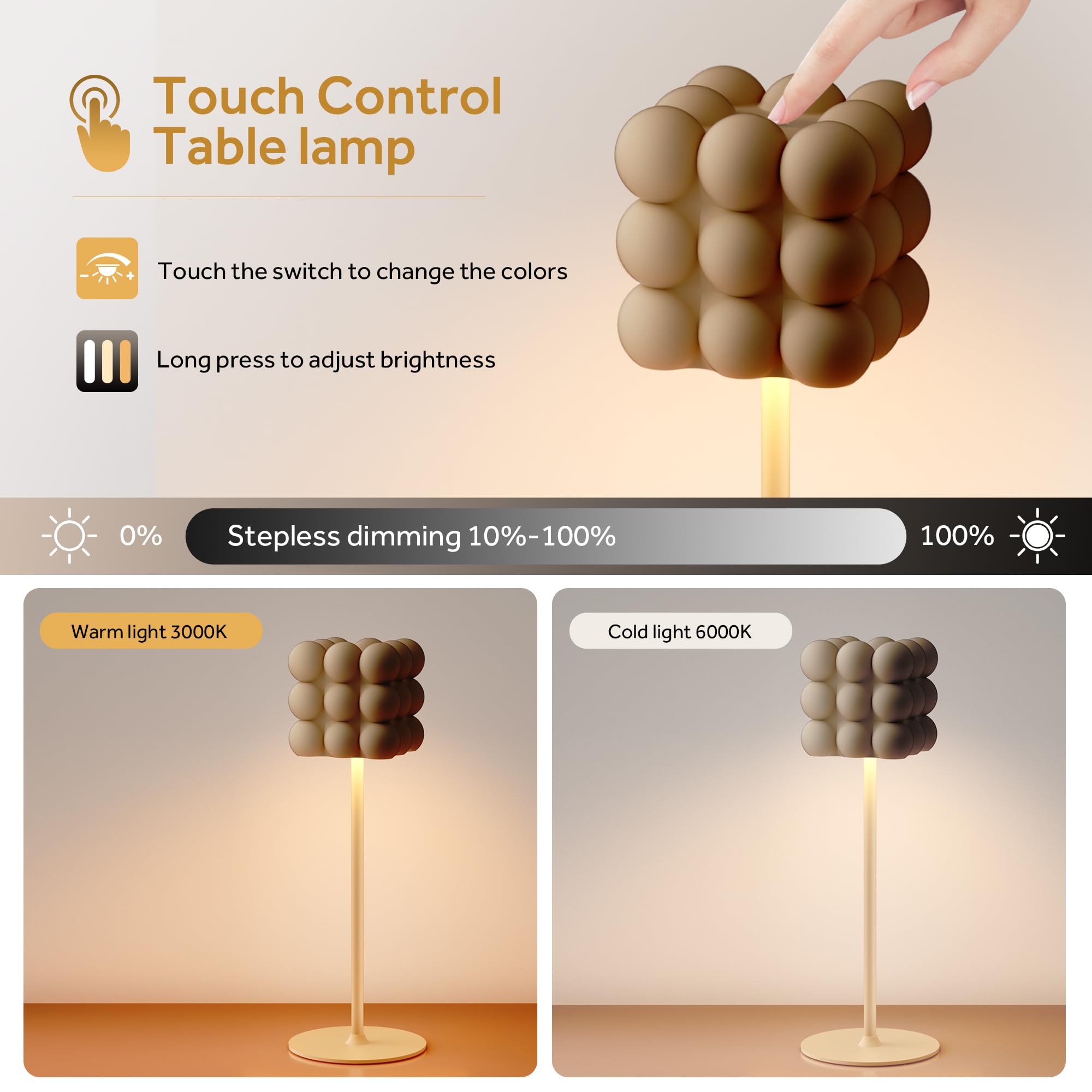 DEELUX LED Dimmbare Akku Tischlampe Kabellos Touch Akkubetrieben Tischleuchte,Höhenverstellbar 3000K/6000K 2 Farbtemperaturen Tischleuchte mit USB-C,für Cremefarbenen Stil(Beige 2Pcs)