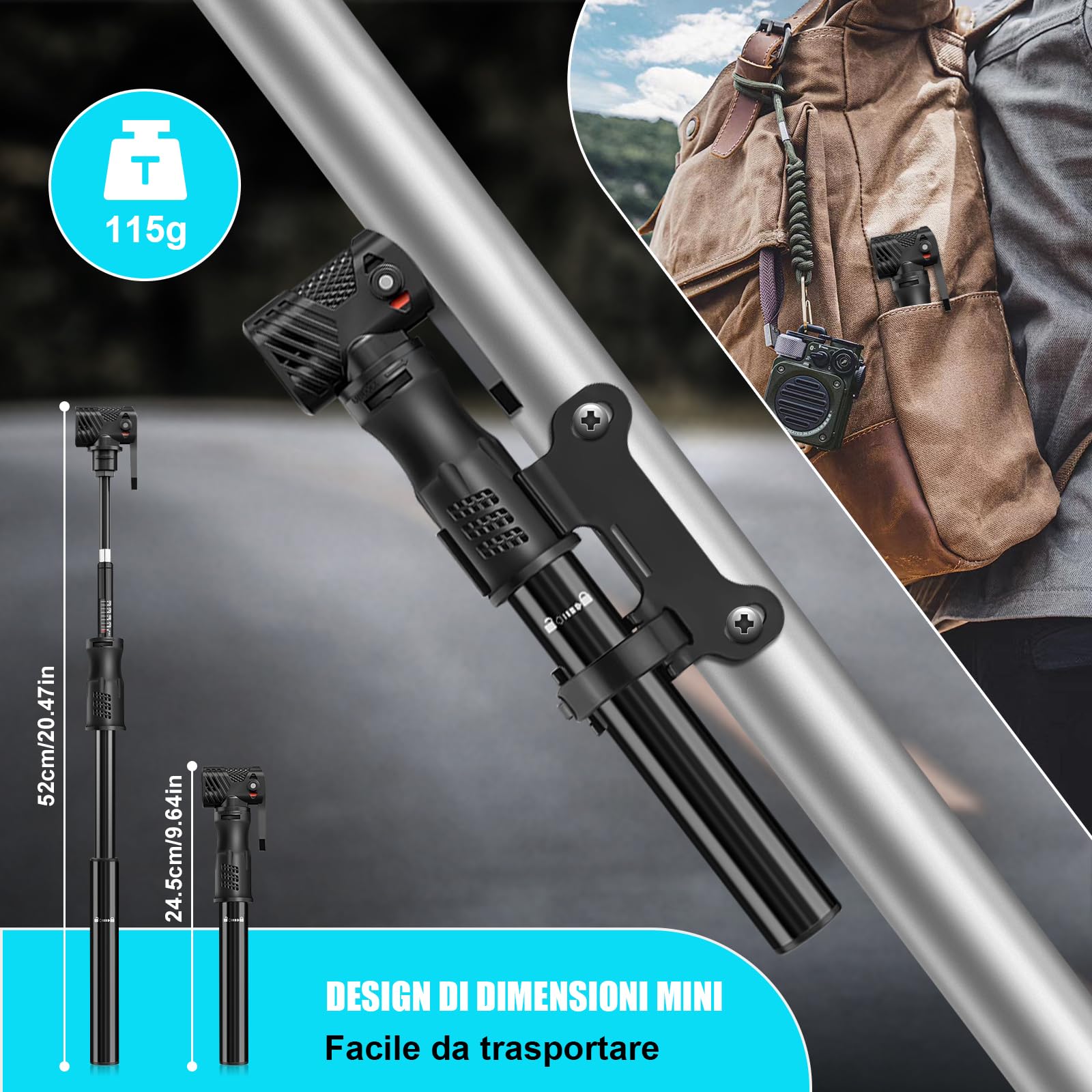 Pompa per Bicicletta con Manometro, [100 PSI] [Con Accessori] Diyife Mini Pompa Bici, Pompa Bici Portatile, Pompa da Bicicletta per Valvole Presta e Schrader, per Bici da Strada, MTB, BMX e Palloni