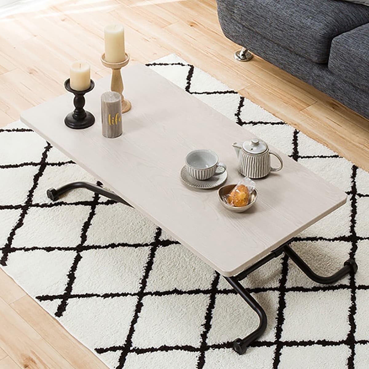 【モカ】昇降センターテーブル　ニトリ　ホワイトウォッシュ【美品】 モカ】昇降センターテーブル ニトリ ホワイトウォッシュ【美品