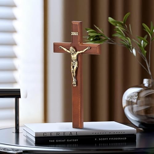 Vista 2 de ARCHOBAN Crucifix Wall Cross Catholic, 12 Inch Wooden Cross with Jesus Christ for Home Decor - Brown + Antique Brass
