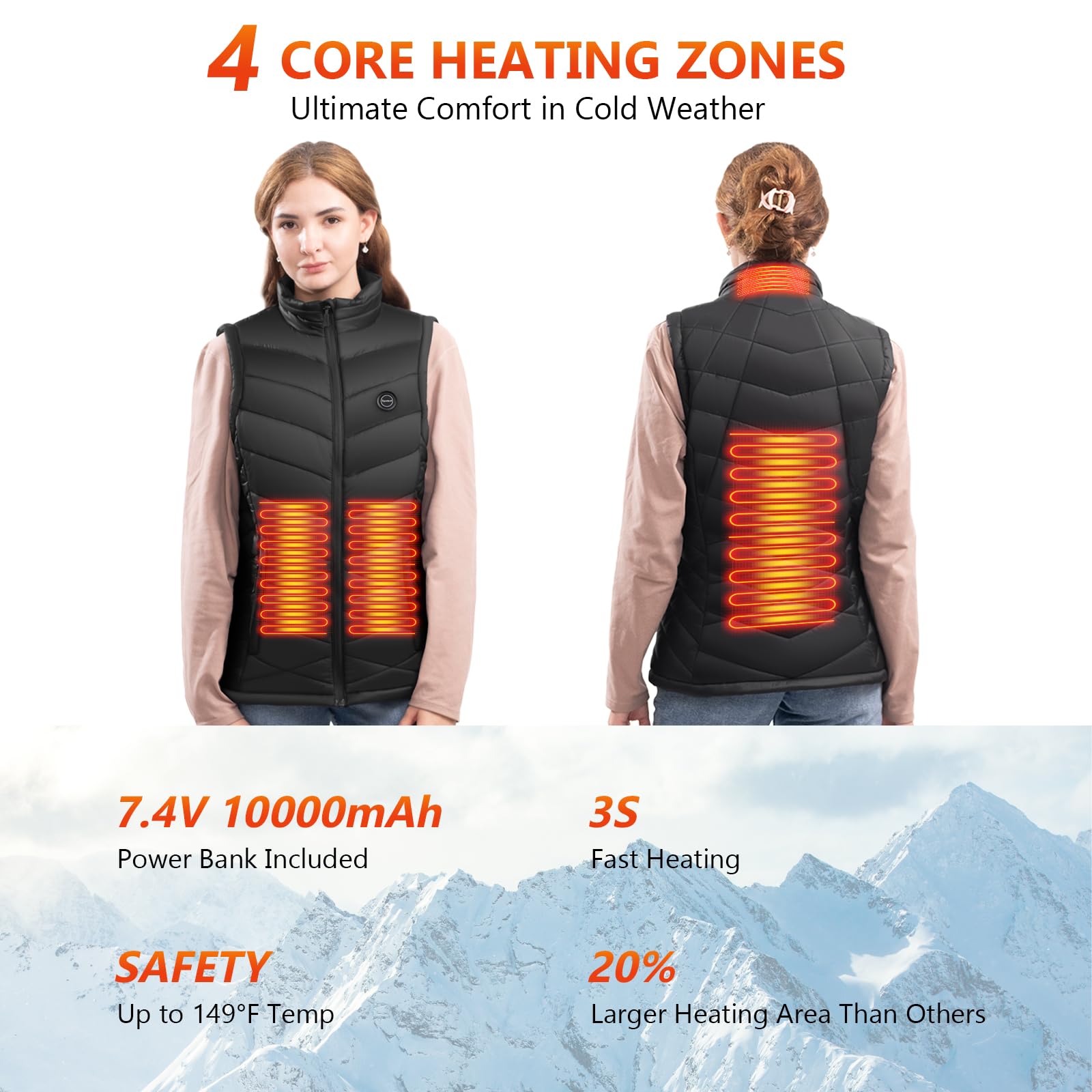 Chaleco Calefactable Mujer, Chaqueta Calefactable con Bateria Recargable de 7.4V 10000mAh, Chaleco Térmico Impermeable y Lavable con 4 Zonas de Calentamiento, 3 Niveles de Temperatura para Exteriores
