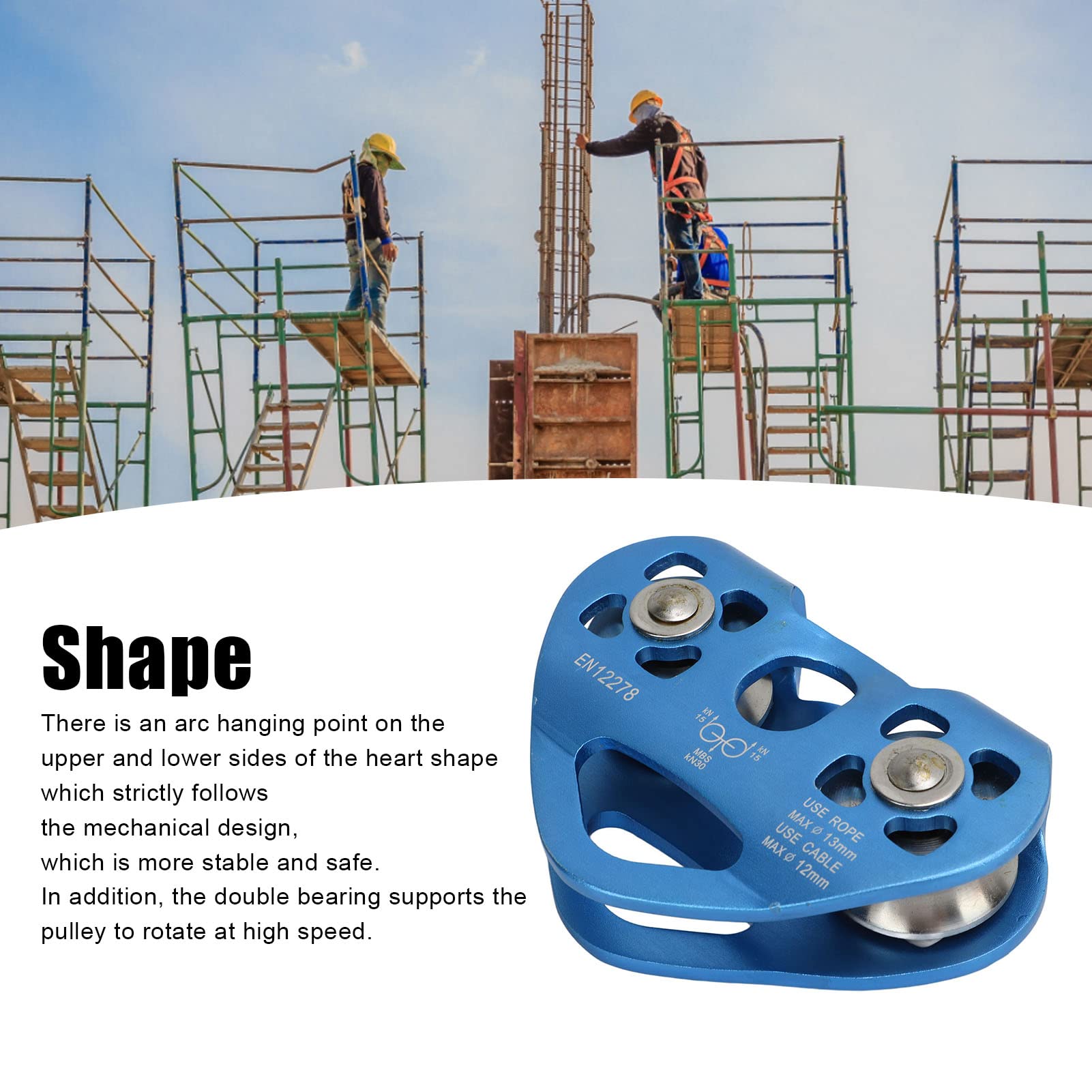 Doppelte Kletter-Zipline-Umlenkrolle, Langlebig, Herzförmig, für Klettern und Frachttransport, 30 KN, Aluminiumlegierung und Edelstahlmaterial (Blue)