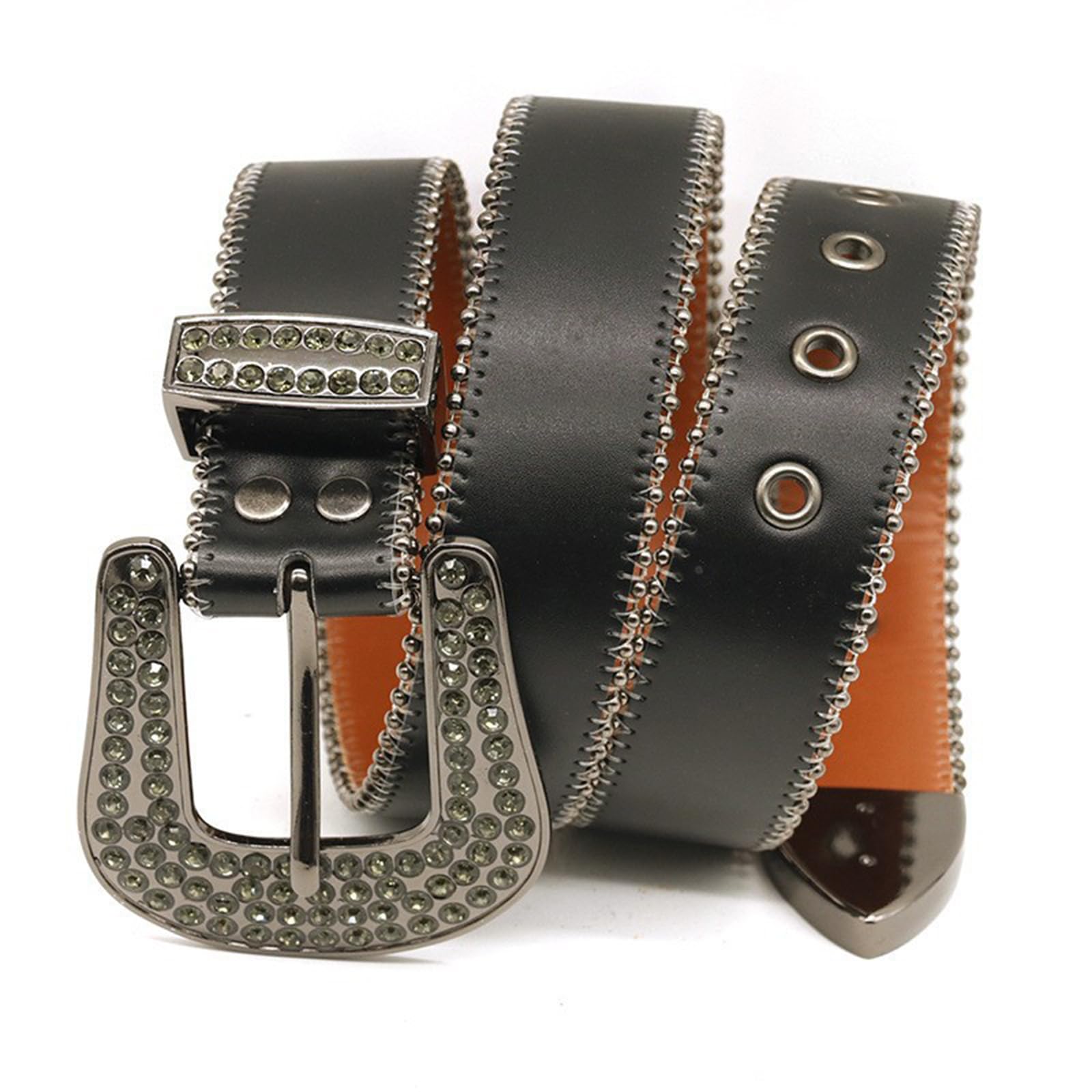 Cinturón De Cuero Con Tachuelas Occidental Punk Unisex, Hebilla Diamantes Imitación Negro