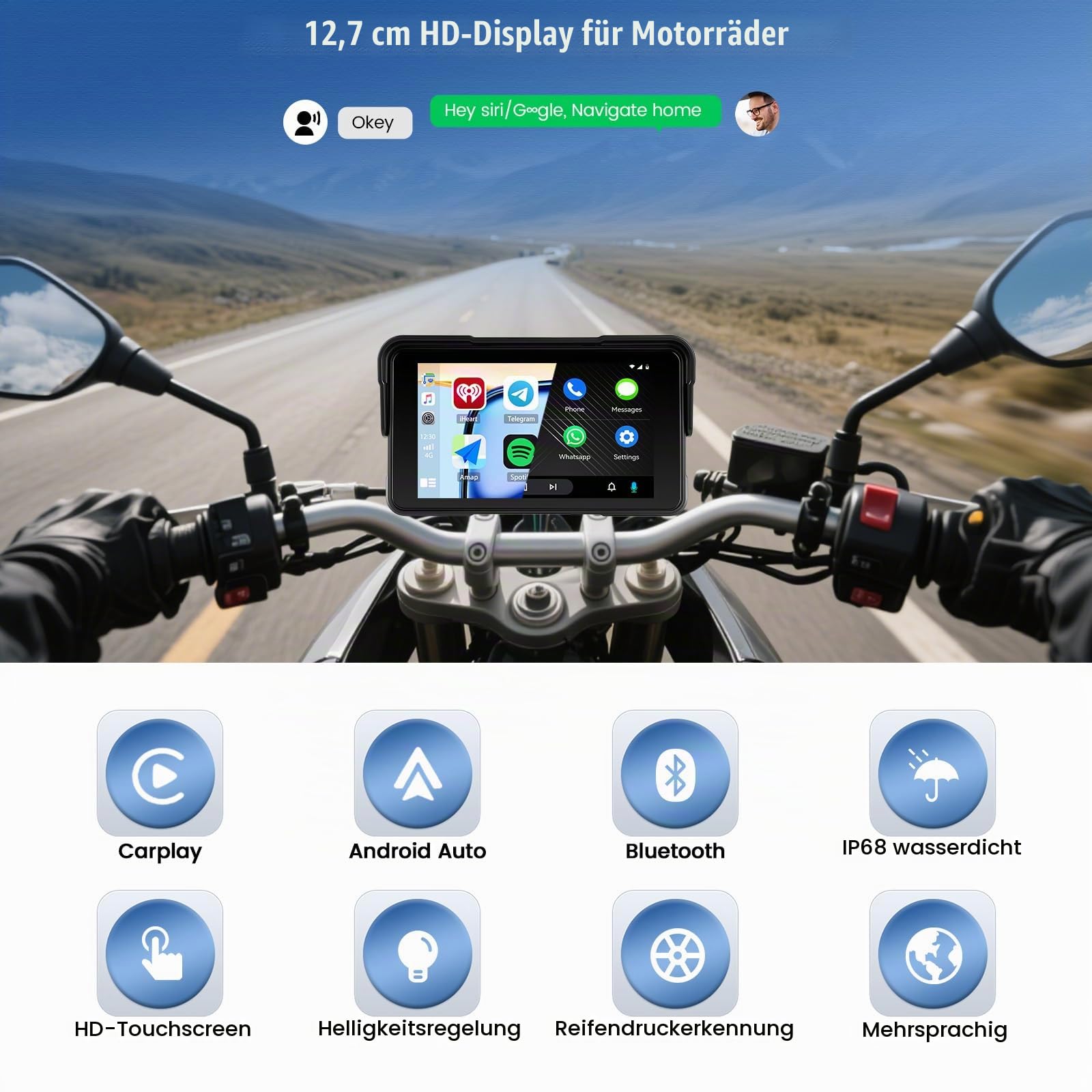 CAMECHO Motorrad IP68 Wireless Carplay & Android Auto für Motorcycle, 5 Zoll Wasserdichter HD Touchscreen für Motorräder mit Navigation/Bluetooth/Druckdetektion