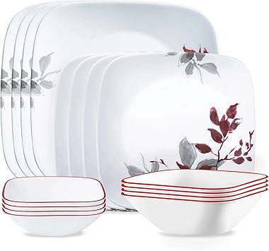 Corelle Kyoto Leaves 16pc, Service for 4, Dinnerware Set, 8 plates bowls, Chip & Break Resistant, Dinner and Corelleware White