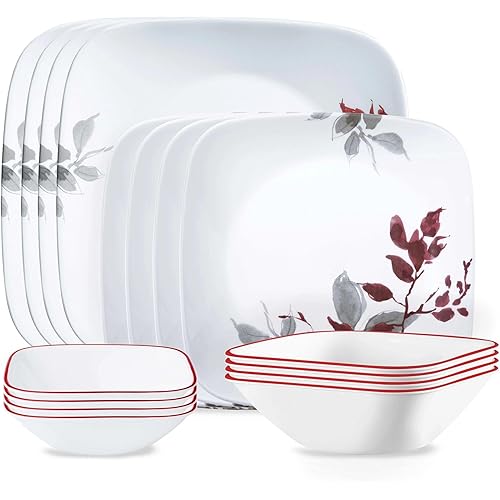 Corelle Kyoto Leaves 16pc, Service for 4, Dinnerware Set, 8 plates bowls, Chip & Break Resistant, Dinner and Corelleware White