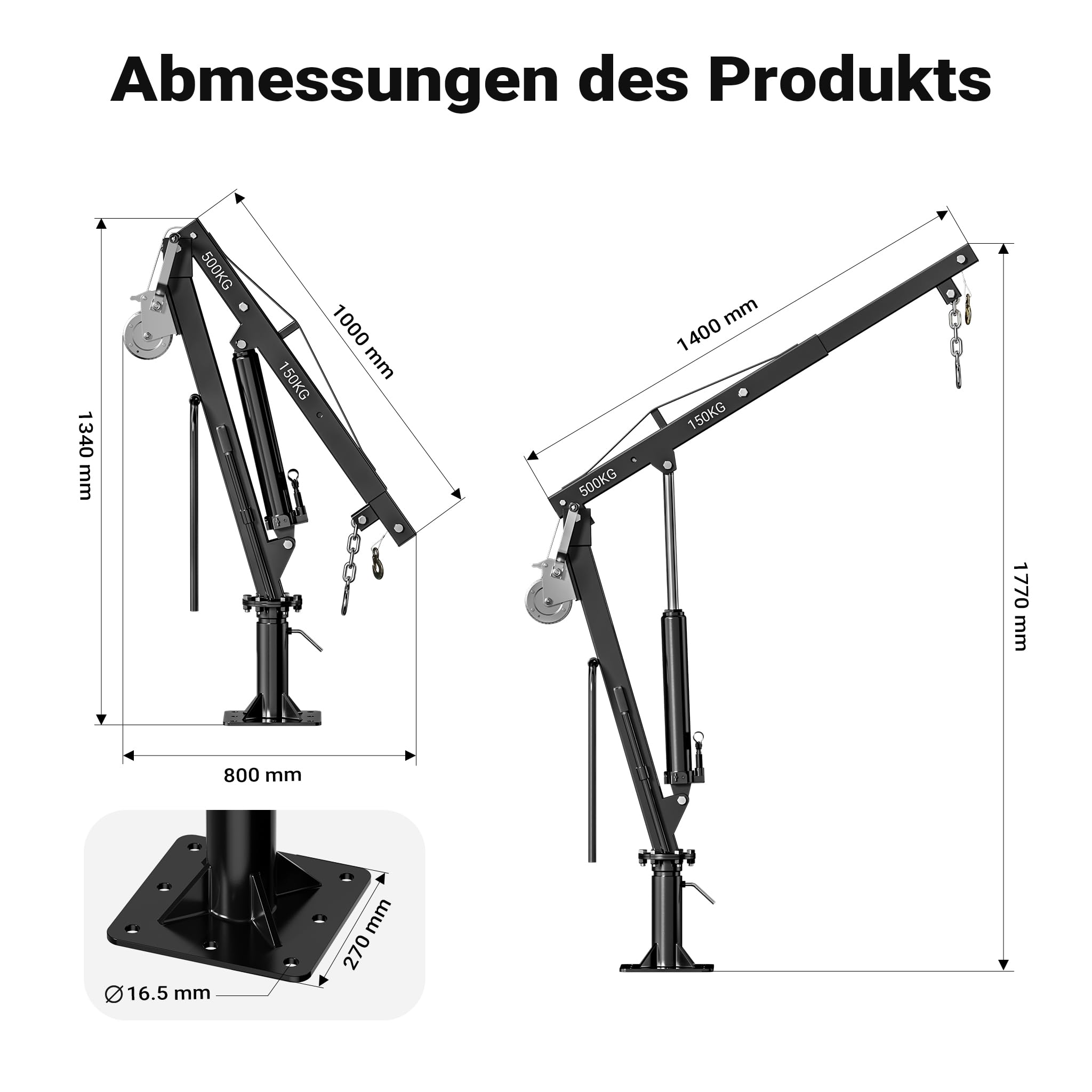Wiltec Pickup Kran Ladekran bis 1770 mm Höhe, 500 kg Traglast und 360° Drehkranz, Seilwinde, massiver Standfuß zur Bodenmontage, Werkstattkran