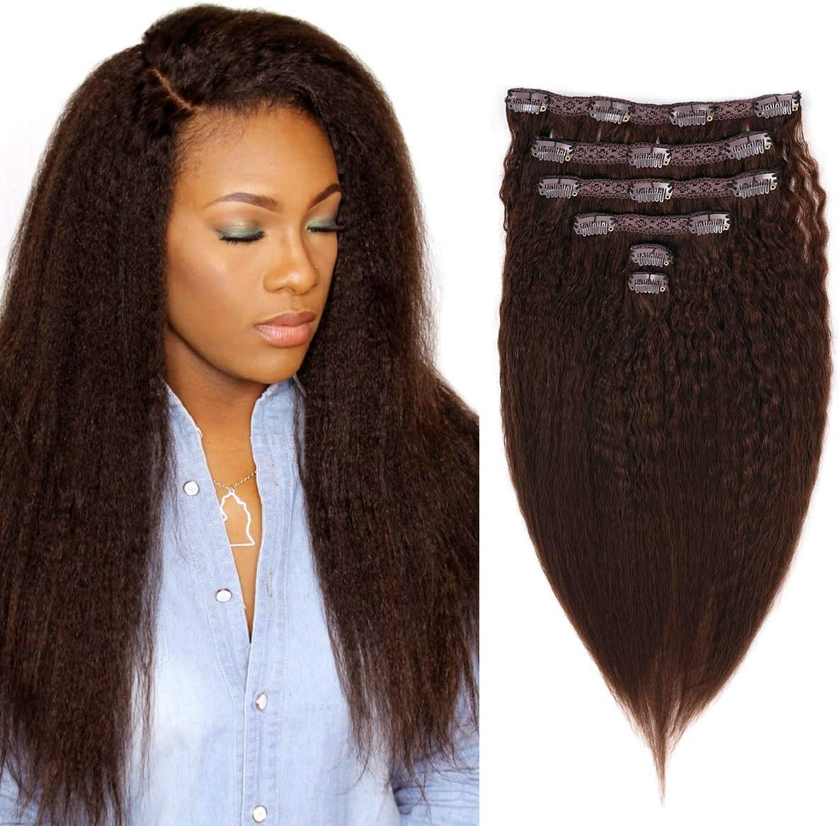 Kinky Straight Clip in Human Hair Extensions Clip ins 100% Remy Hair for Black Women Yaki Straight Clip ins Real Human Hair 70Gram / 6Pcs (14 inch, 4#)