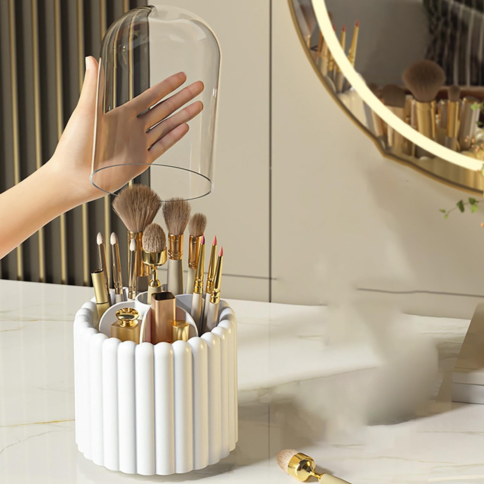 Caja Grande para Guardar cosméticos de Escritorio, Organizador de brochas de Maquillaje Giratorio de 360 Grados | Organizador de tocador con Tapa, Caja Grande para Guardar brochas de Maquillaje con t