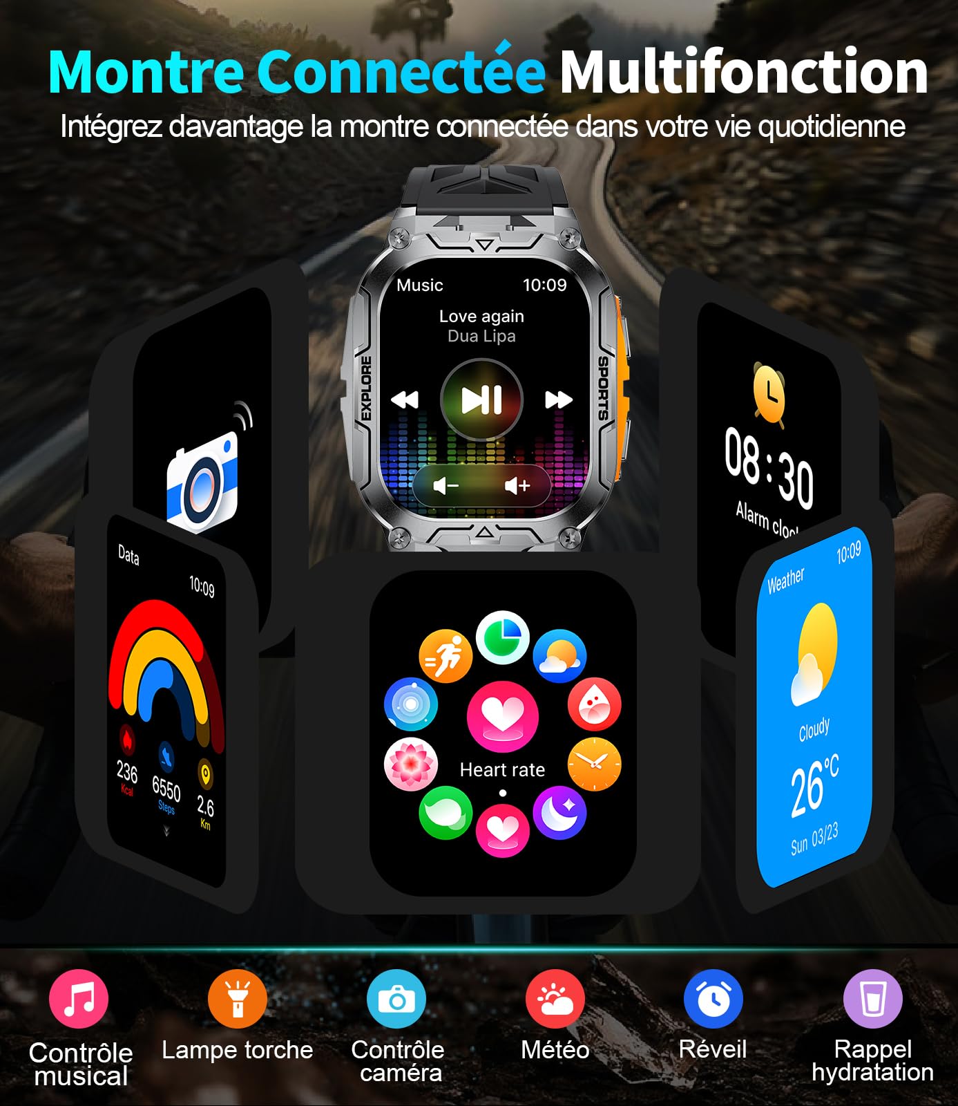 Montre Connectée Homme, 1000 mAh Batterie/LED Lampe Smartwatch avec Appel Bluetooth, 2.01'' HD Rectangle Écran/100+ Modes Sport/Sommeil/IP68 Étanche Montre Connectée pour Android iOS, Orange Noire