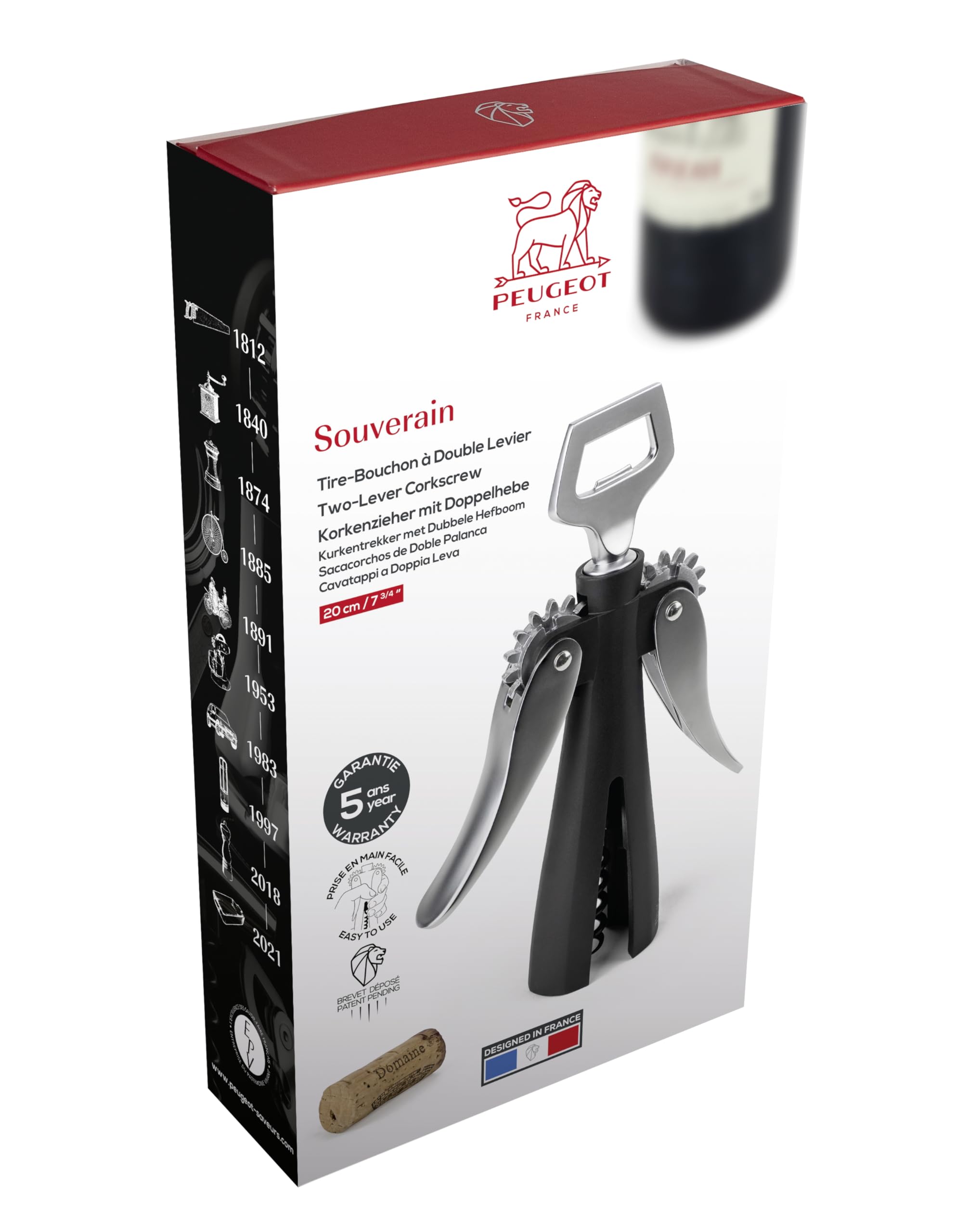 Peugeot - Tire-bouchon à double levier Souverain, Hauteur : 20 cm, Matière : Zamac et ABS, Coloris Noir