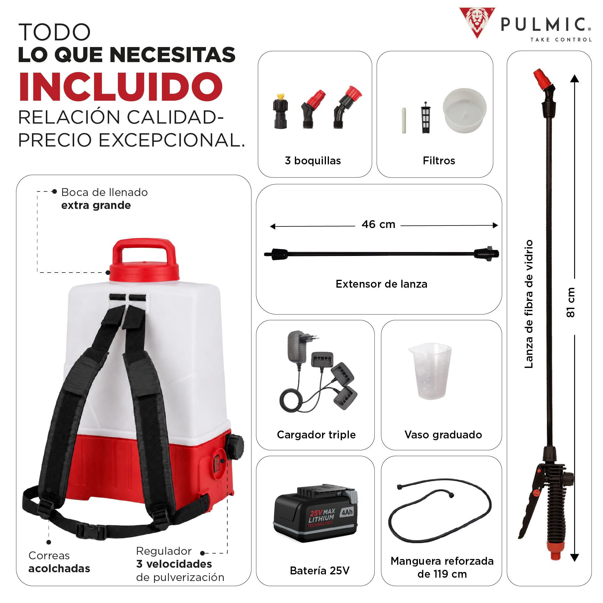 Pulverizador Eléctrico Pegasus 15L PULMIC, Sulfatadora eléctrica a Batería Litio 25V MAX Extraíble, hasta 15h Autonomía, 3 Velocidades, 3 Boquillas, Mochila Pulverizadora