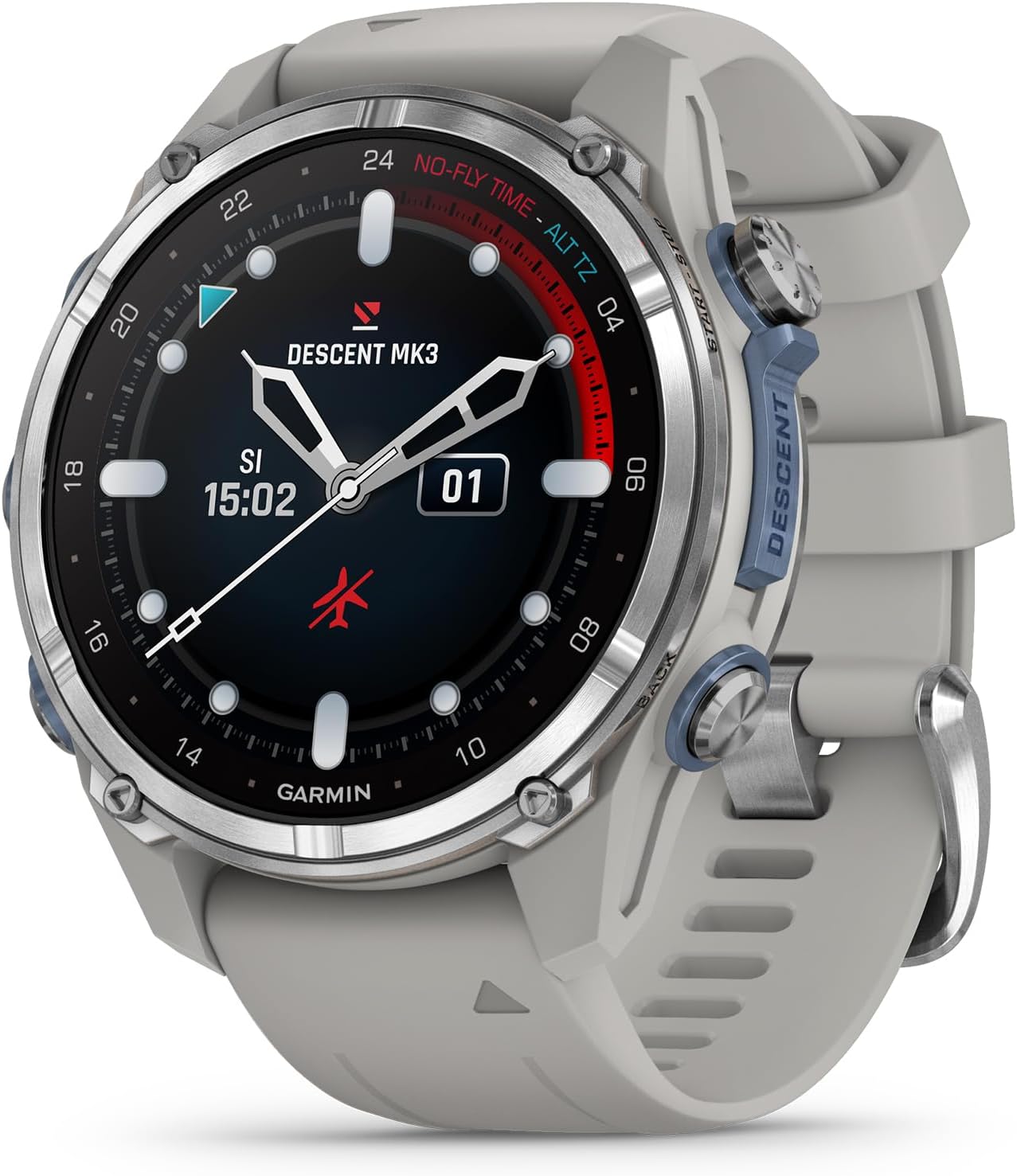 Garmin Descent Mk3 Dive Computer and Multisport Smartwatch with AMOLED Display with Advanced Dive Modes and GPS Navigation (43mm, Stainless Steel with Fog Gray Silicone Band)