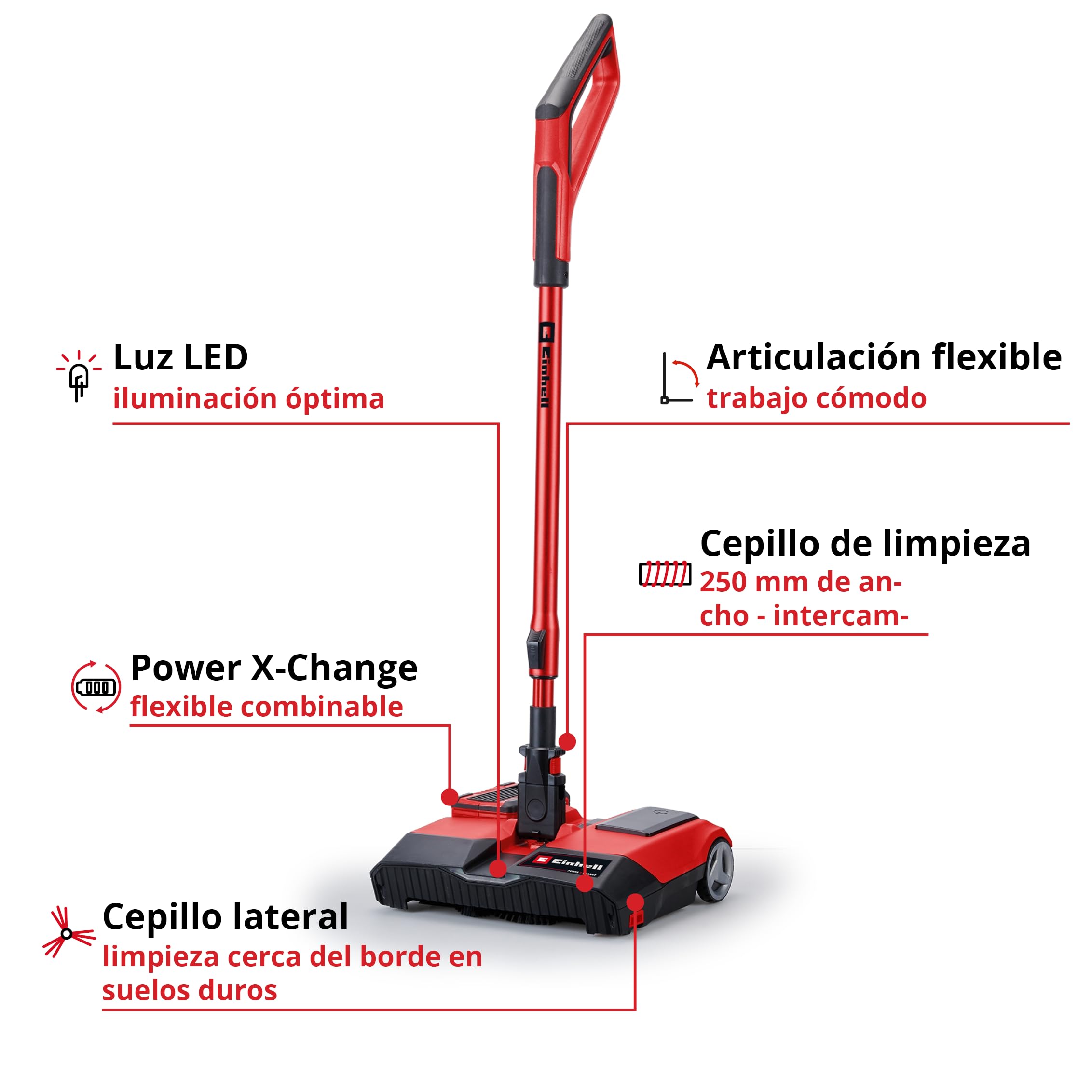 Escoba con batería TE-FS 18 Li-Solo Power X-Change de Einhell (18 V, rodillo de barrido de 250 mm de ancho, labio de limpieza, mango telescópico, sin bolsa, luz LED, incl. accesorios, sin batería)