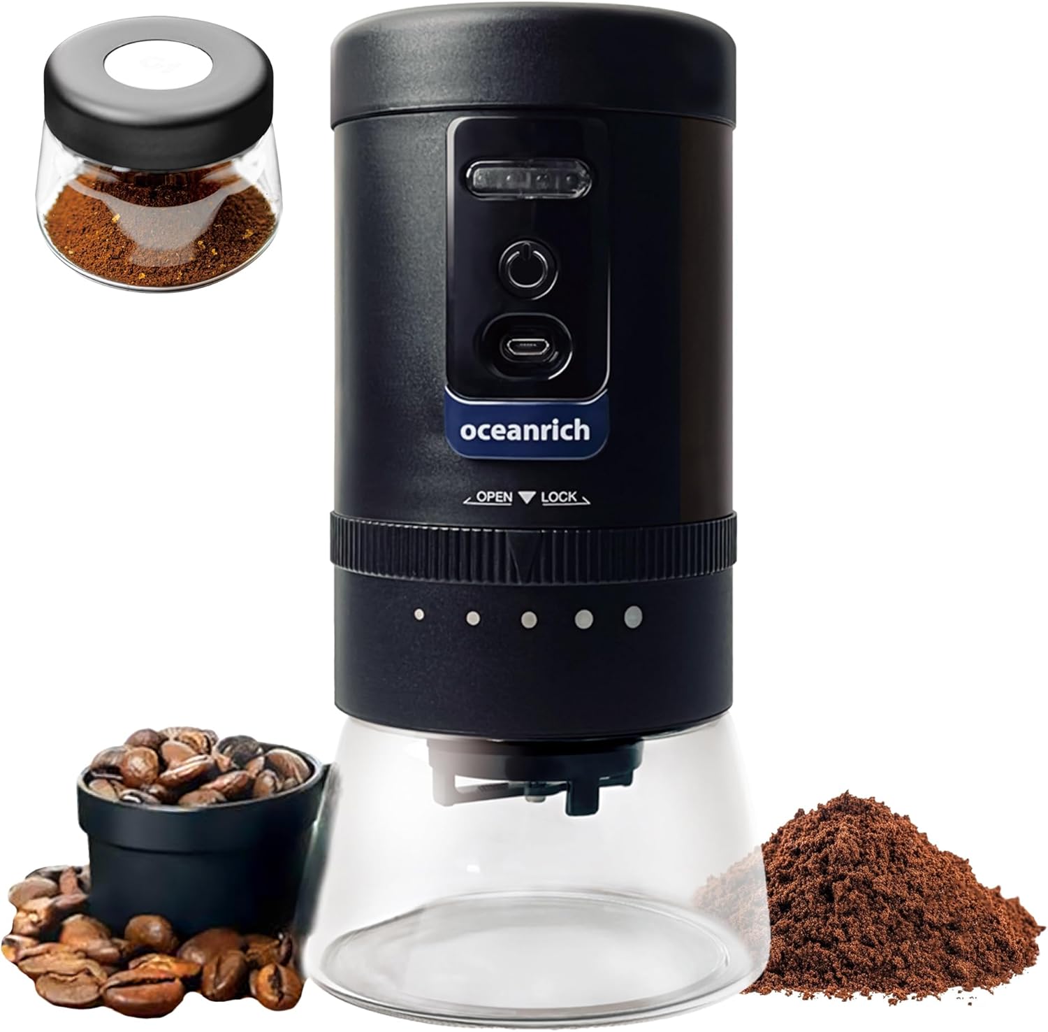 Oceanrich-G1R Automatic Coffee Grinder, Rechargeable Compact Portable Electric Grinding Mill, Removable Bowl, Cordless, For Home Office Travel Use etc, UQ-ORG1BKR
