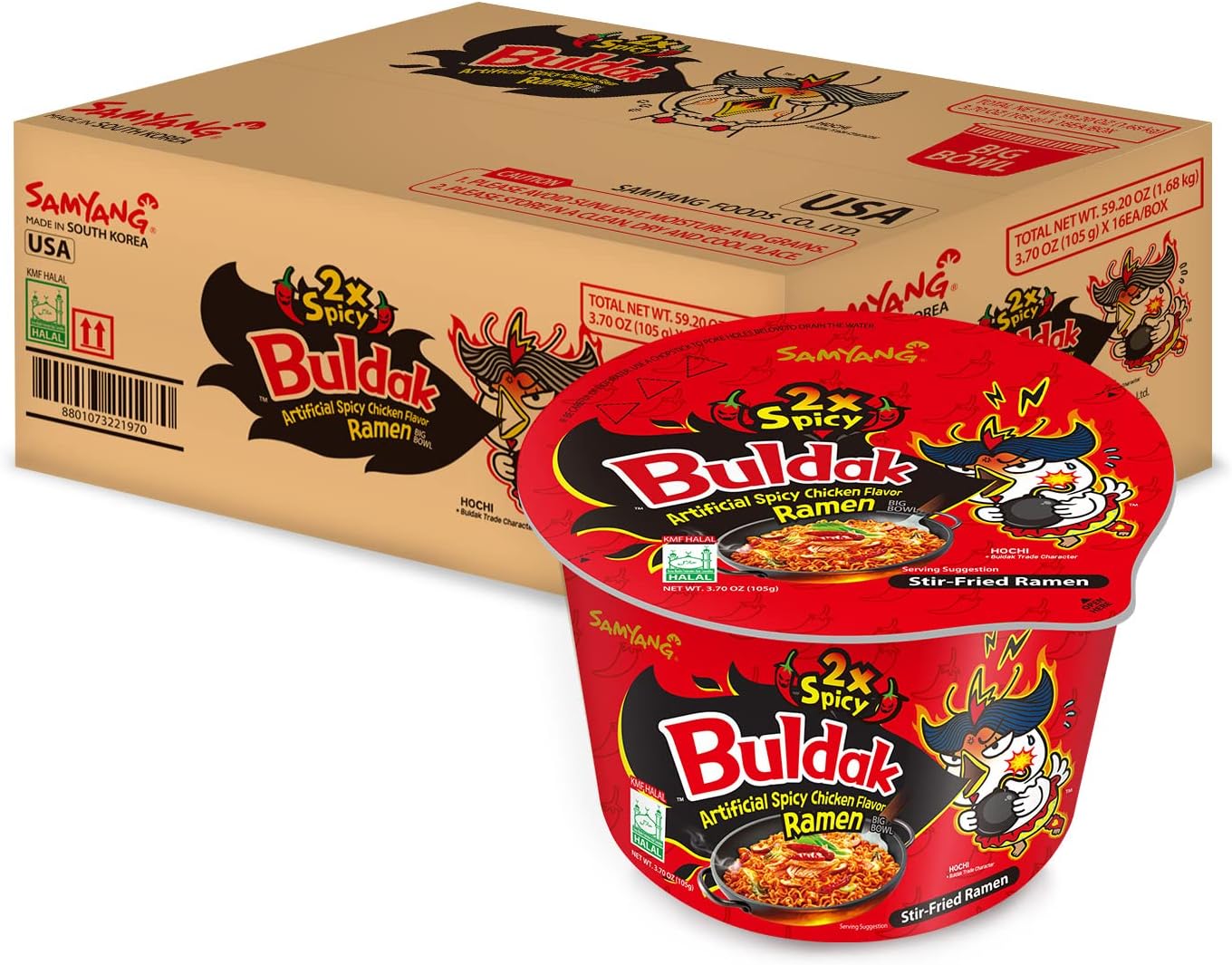 Buldak Spicy Hot Chicken Stir Fried Big Bowl Ramen (2X_Pack of 16)