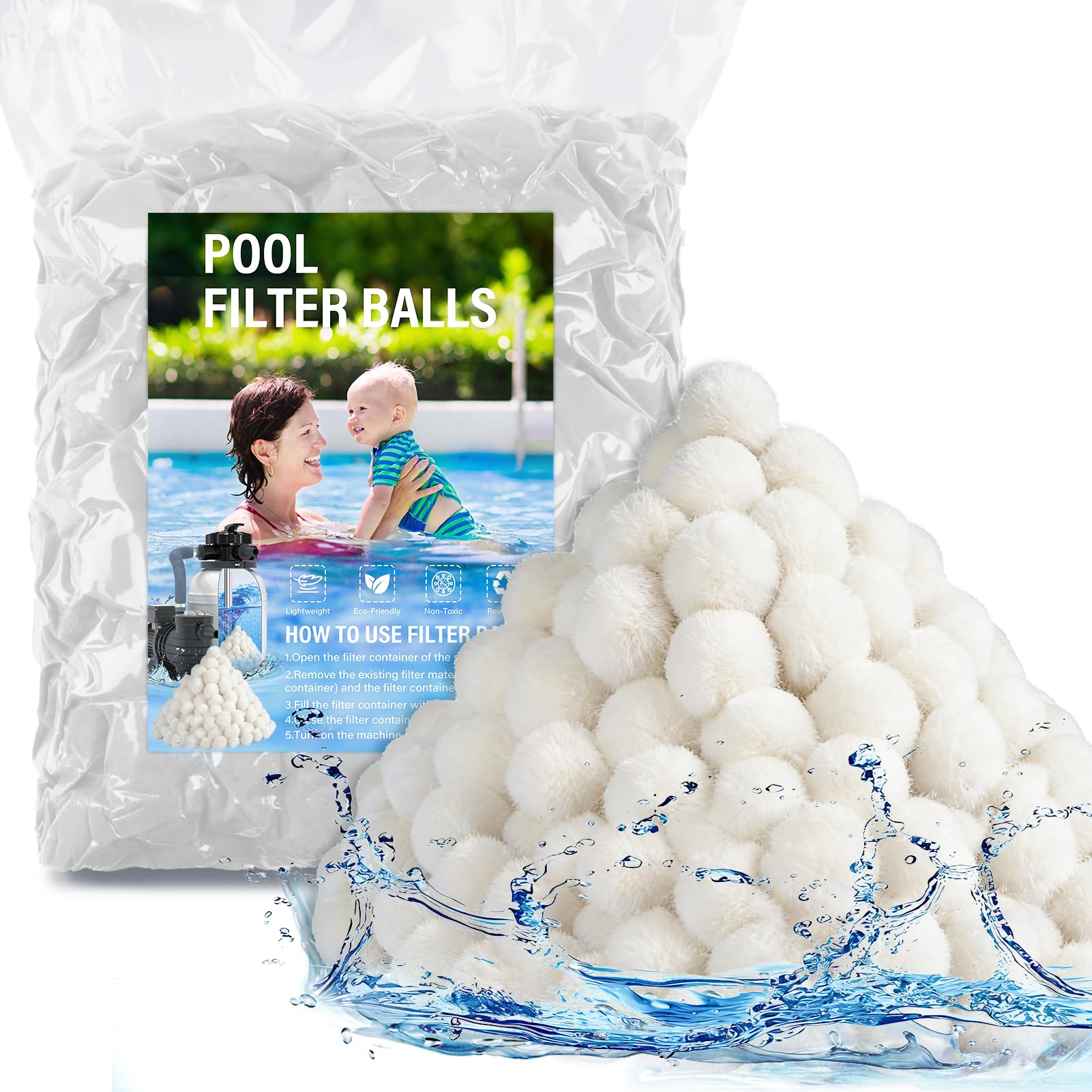 Bolas de filtro de piscina de 4 libras para bomba de filtro, medios de fibra reutilizables de alta densidad mejorados que reemplazan arena de filtro de 150 libras, filtración de larga duración para