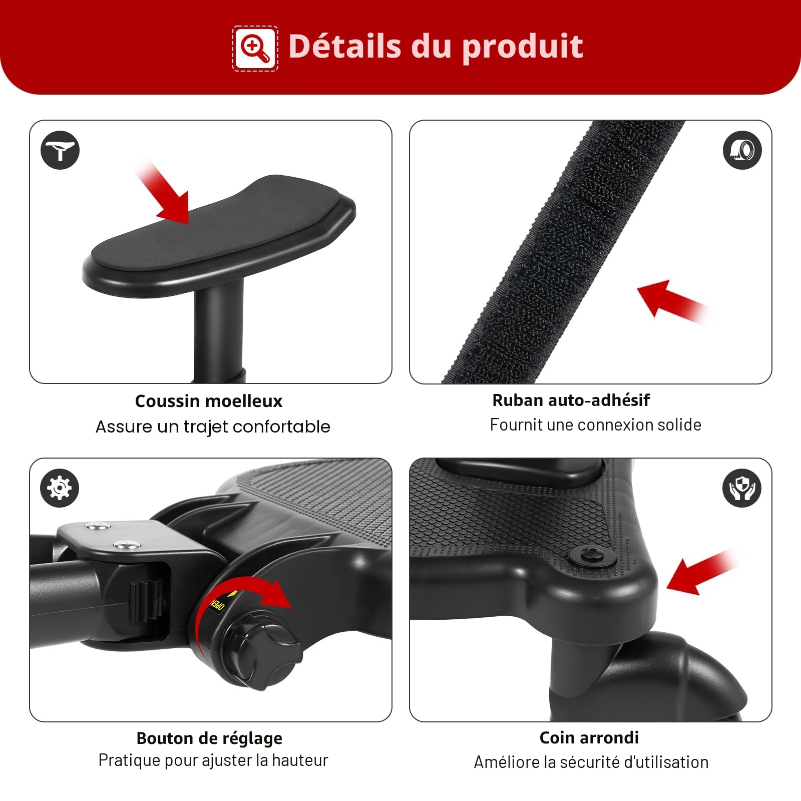 Planche Poussette Universelle avec Siège Amovible, Charge 25kg, Noir