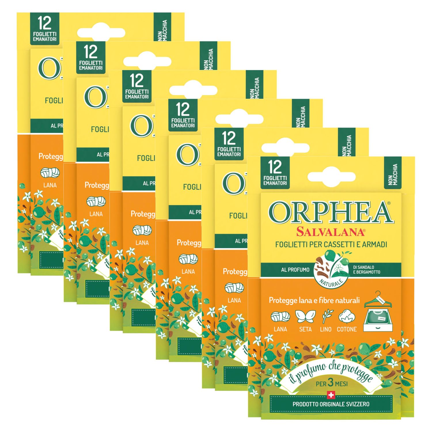 Orphea Salvalana 6 Packungen mit je 12 Blättern für Schubladen und Schränke, Wolle und Kleidung die ganze Saison, Sandelholz und Bergamotte