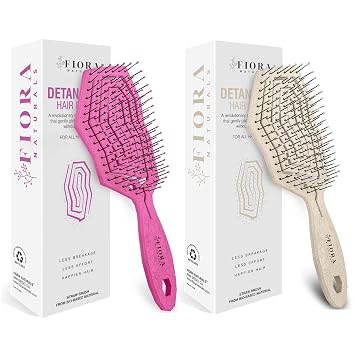 Fiora Naturals Hair Detangling Brush -100% Bio-Friendly Detangler hair brush w/Ultra-soft Bristles- Glide Through Tangles with Ease Beige & Pink