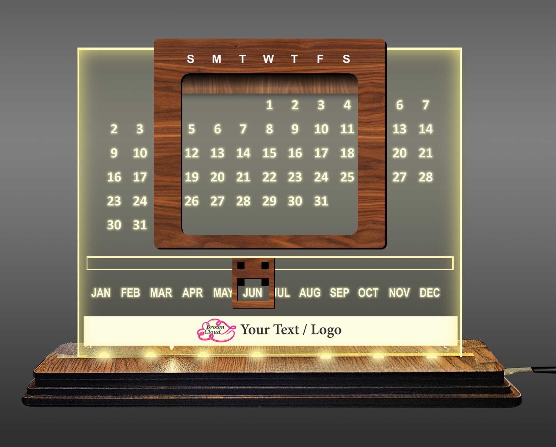 Brown Cloud Personalized Acrylic Perpetual (Never Ending, Endless) Table/Desk Calendar with LED Wooden Stand with Customized Message/Quote for Personal/Corporate Gift (Dcal Acry01) (1 Piece)