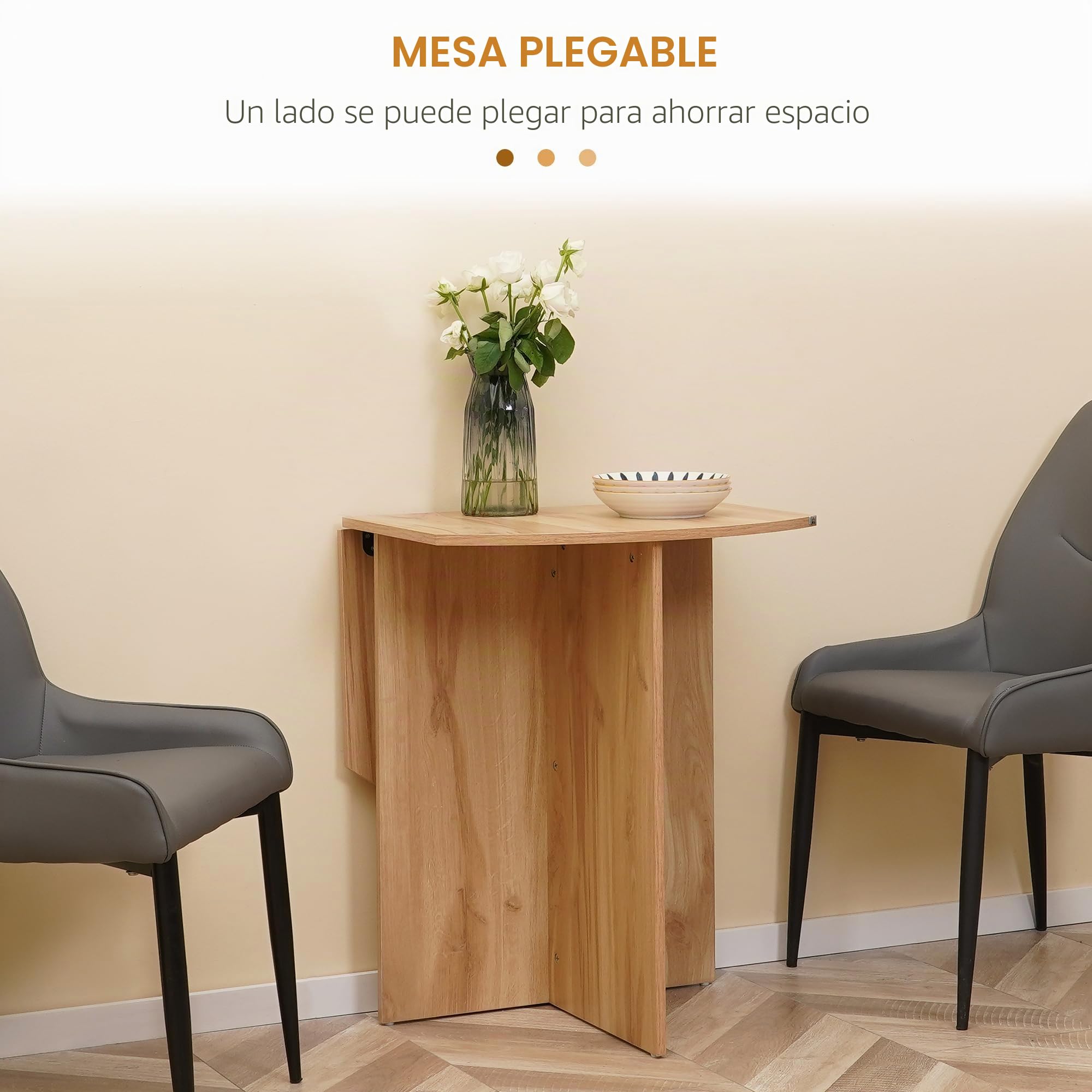 HOMCOM Mesa de comedor plegable ahorradora de espacio 90x60x74 cm Roble | Mesa de madera para exteriores para cocina y salón.