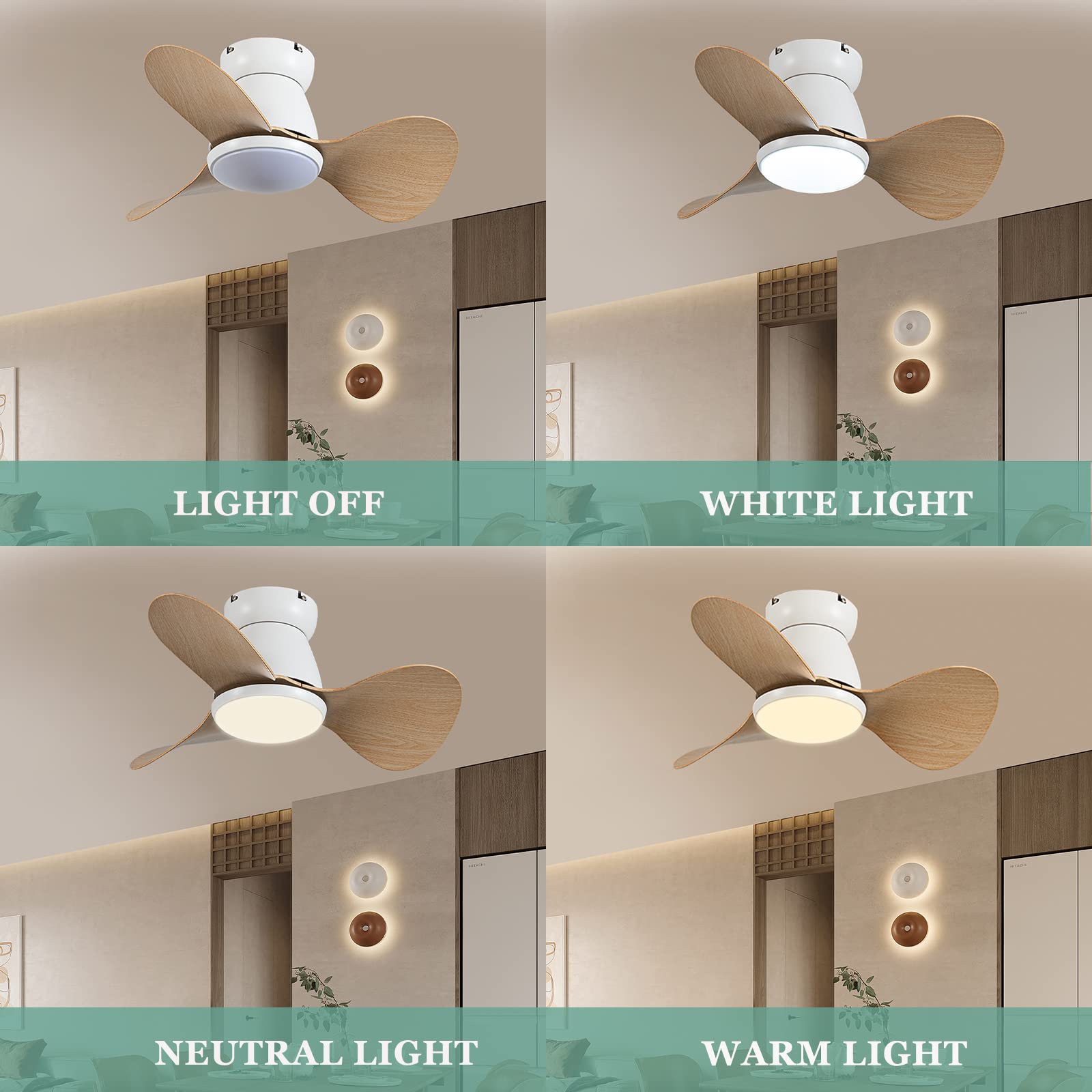 Ventilatore Da Soffitto Con Luce, 53CM Piccolo Lampada Ventilatore Da Soffitto E Telecomando, Reversibile 6 Velocità Funzione Di Memoria, 3 CCT Dimmerabile, Senza Rumore Lampadario Ventilatore-Legno