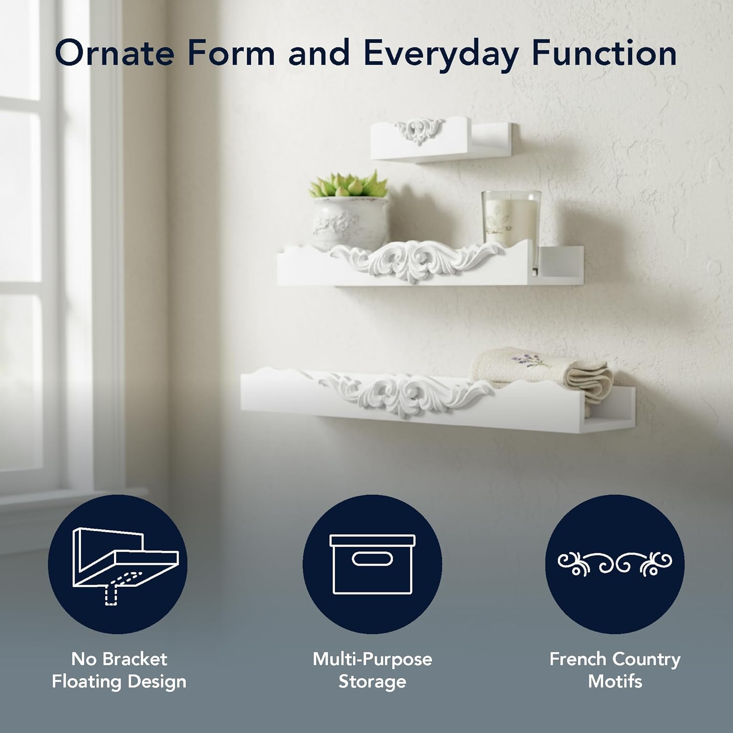 American Art Decor Vintage Ornate 3-Piece Floating Wall Shelf Set, White Shabby Chic French Country Carved Wall Ledge Decor for Small Display & Gallery (Leaf Motifs)