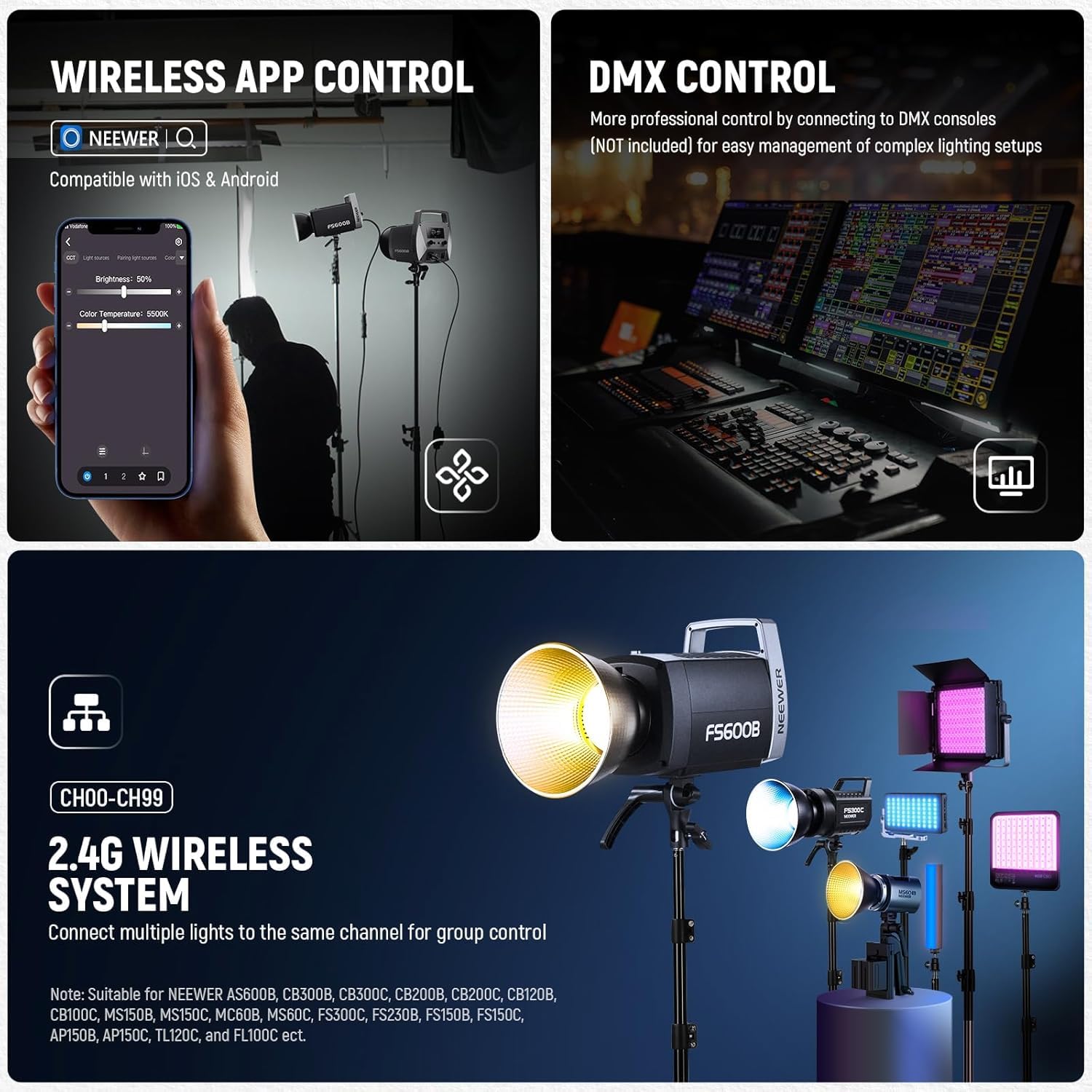 NEEWER Oświetlenie LED Studio Wideo 600 W 2.4G/APP Sterowanie 87100 Lux/1m, 2700K-6500K dwukolorowe COB oświetlenie ciągłe z CRI95+, 12 scen, oprawka Bowens do nagrywania strumieniowego fotografii