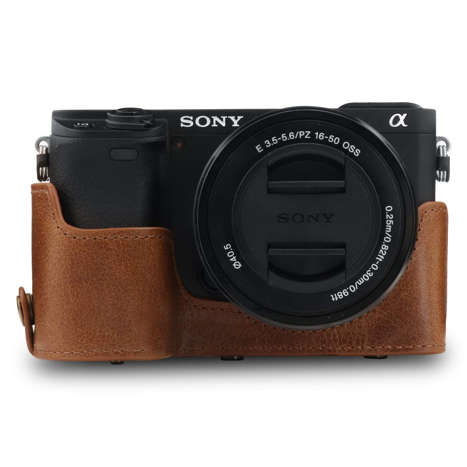MegaGear MG1647 Ever Ready etui na aparat z prawdziwej skóry kompatybilne z Sony Alpha A6100, A6400 (16-50 mm) - brązowe
