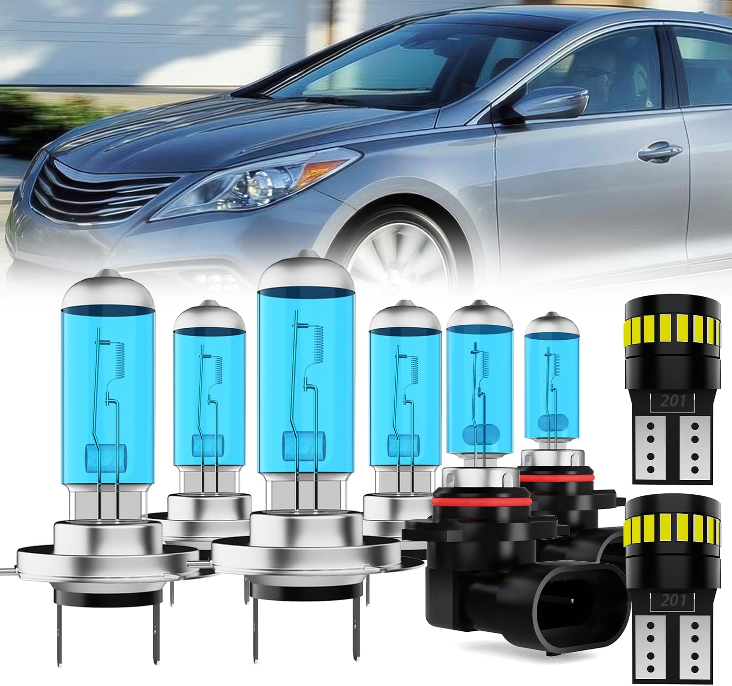 Headlight Bulbs License Plate Lights Fit For Hyundai Azera 2015-2017, H7 High Beam + H7 Low Beam + 9006 Fog Lights Halogen Light Bulb + License Plate Lights, Pack of 8