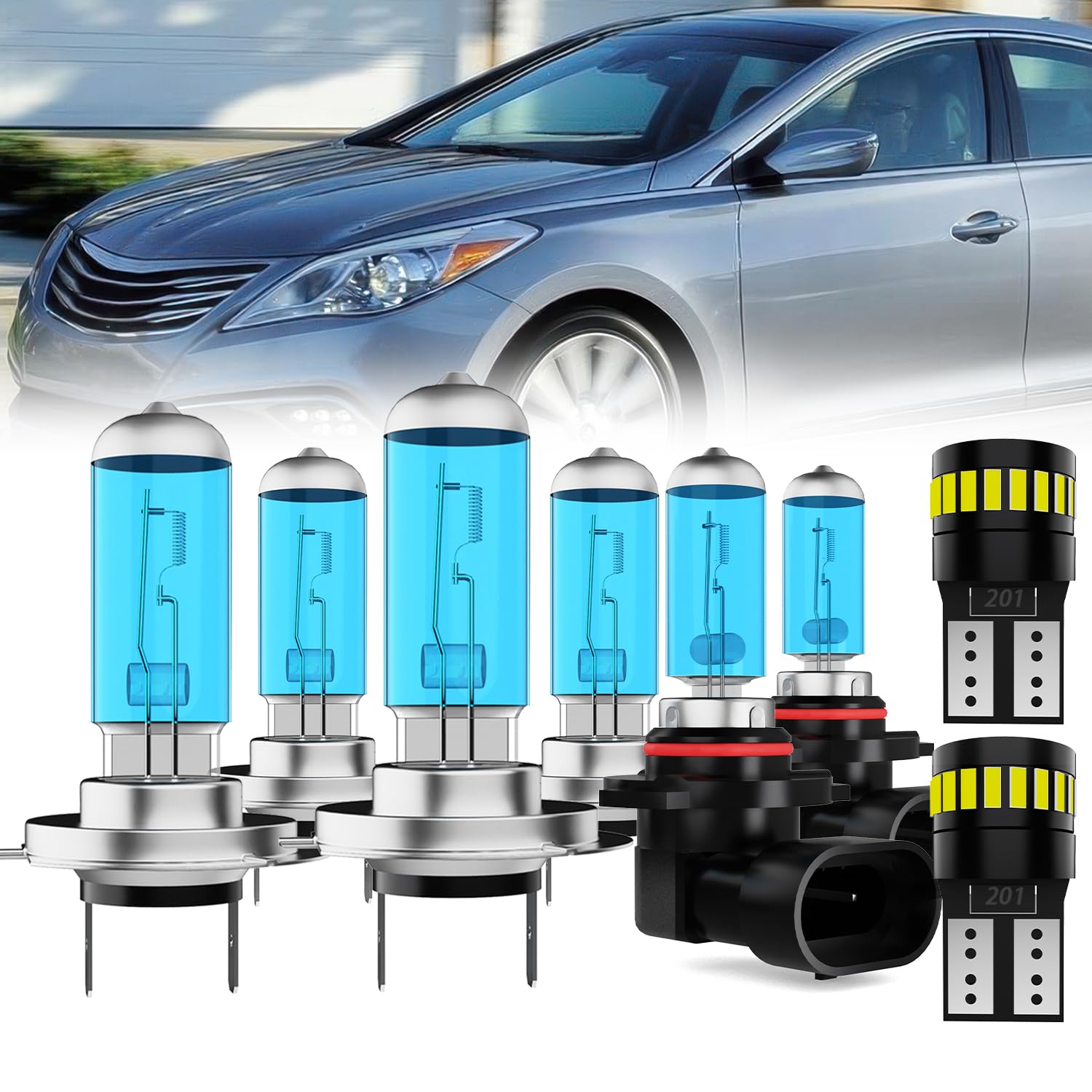 Headlight Bulbs License Plate Lights Fit For Hyundai Azera 2015-2017, H7 High Beam + H7 Low Beam + 9006 Fog Lights Halogen Light Bulb + License Plate Lights, Pack of 8