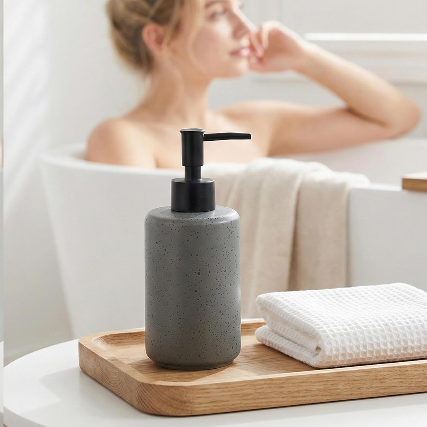 Bathroom Hand Soap Dispenser Set, 14oz Speckled Dish Soap Dispenser for Kitchen, Ceramic Liquid Soap Pump Bottle for Shampoo, Lotion, Conditioner, Modern Farmhouse Bathroom Decor