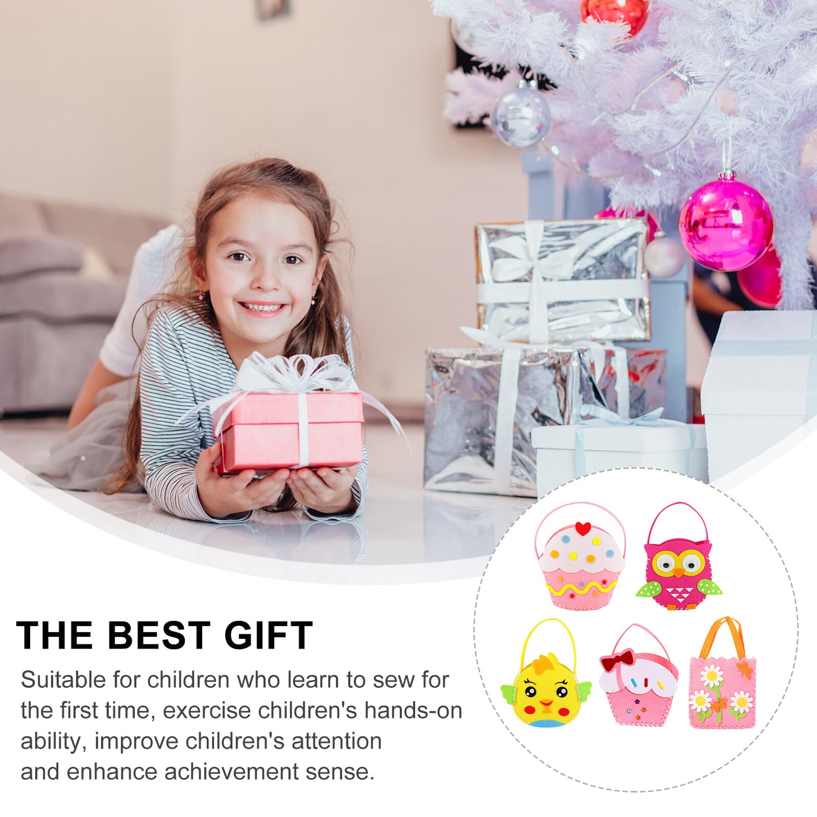 Gatuida Kit de Costura para Niños Bolsos No Tejidos DIY 5 Piezas Tamaño Mediano Colores Variados Seguro para Aprender Manualidades Educativas y Creativas en Casa o Viajes