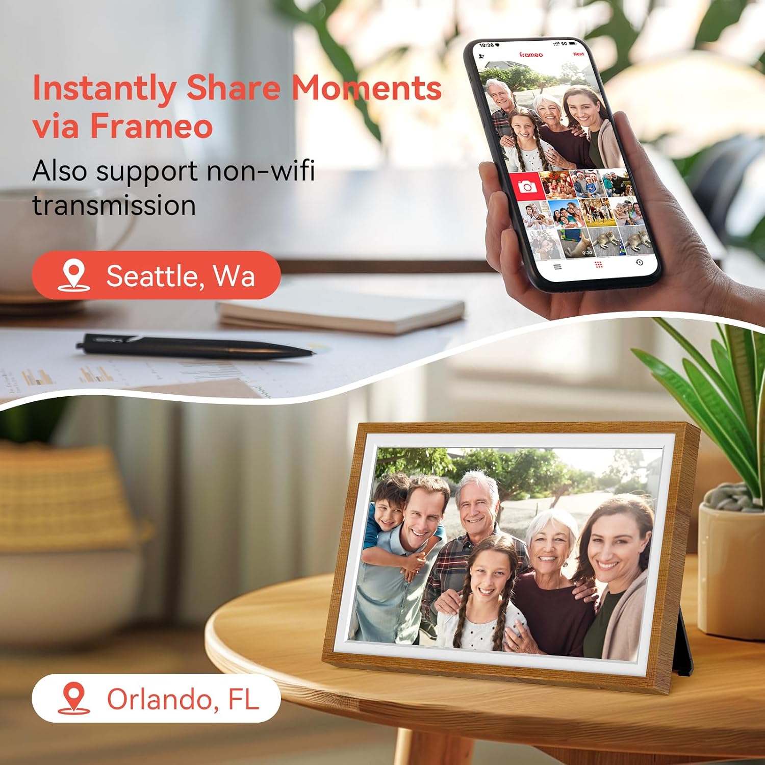 Frameo 10.1" Digital Picture Frame with 32GB Memory WiFi Electronic Photo Frame Wood HD Touch Screen Auto-Rotate Slideshow Wall Mountable Share Photos/Video Remotely Anywhere(Warm Wood)