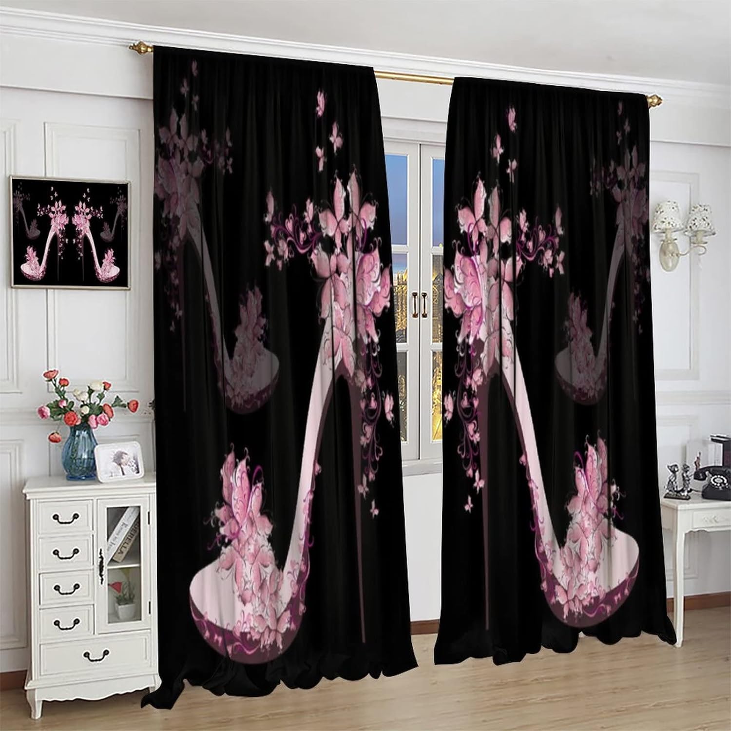 High Heels Blackout Curtains Beautiful Pink Butterfly High Heels Black Art Print for Girls Women Bedroom Bathroom Living Room Decor Rod Pocket Window Drapes 2 Panels 72x63in
