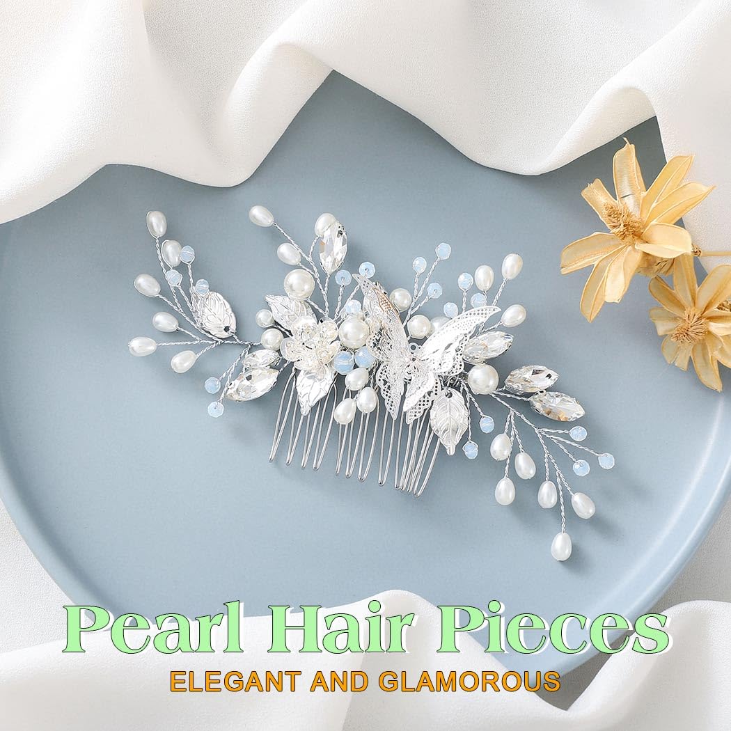 JEAIRTS Butterfly Wedding Hair Comb Pearl Bridal Hair Pieces Sparkly Crystal Hair Accessories for Women (1-Silver)