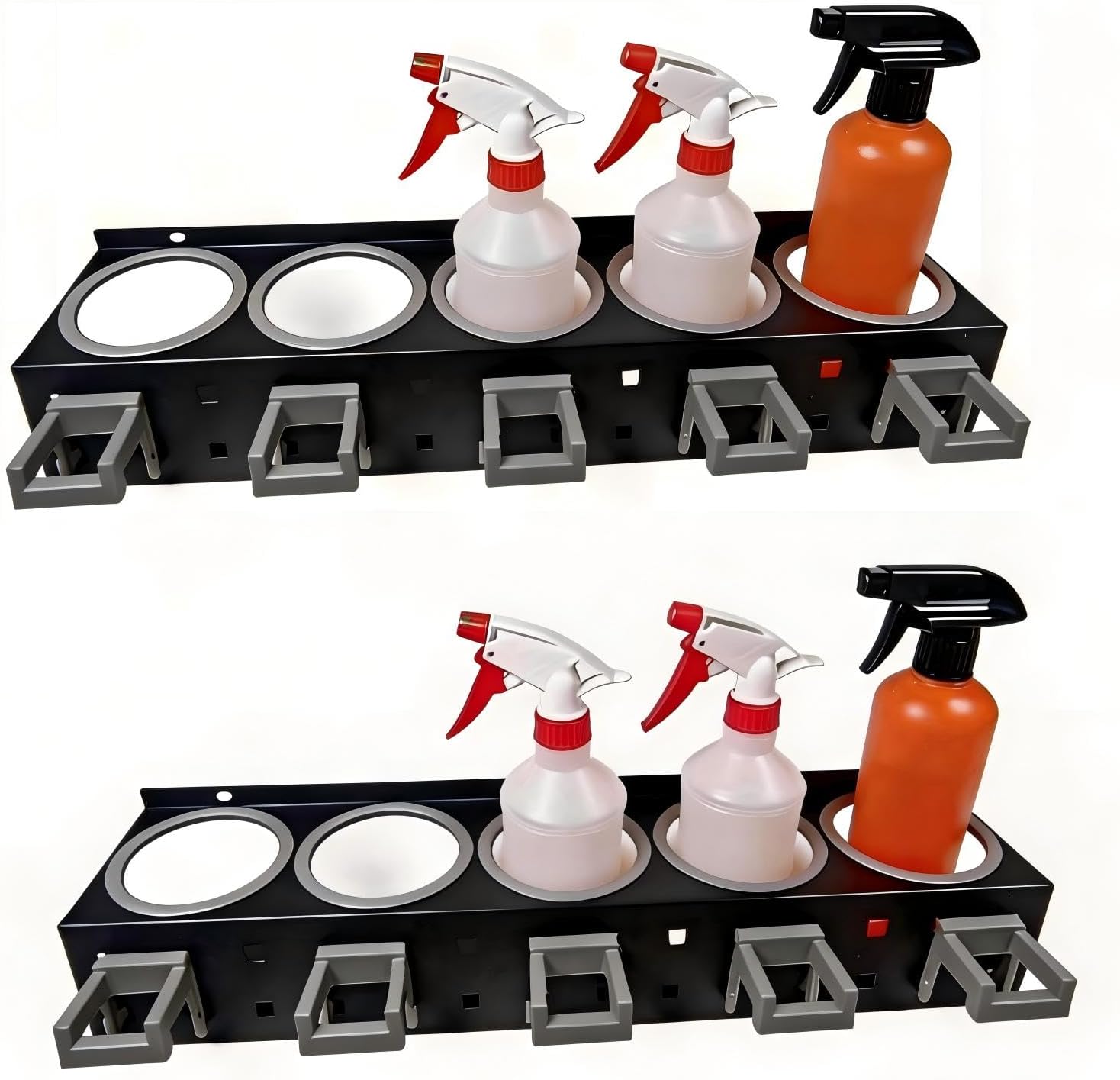 2-Pack Spray Bottle Organizer - 5 Can Holes + 5 Hooks, Wall-Mounted Multi-Functional Organizer Suitable for Car Detailing, Garage, Kitchen, Bathroom