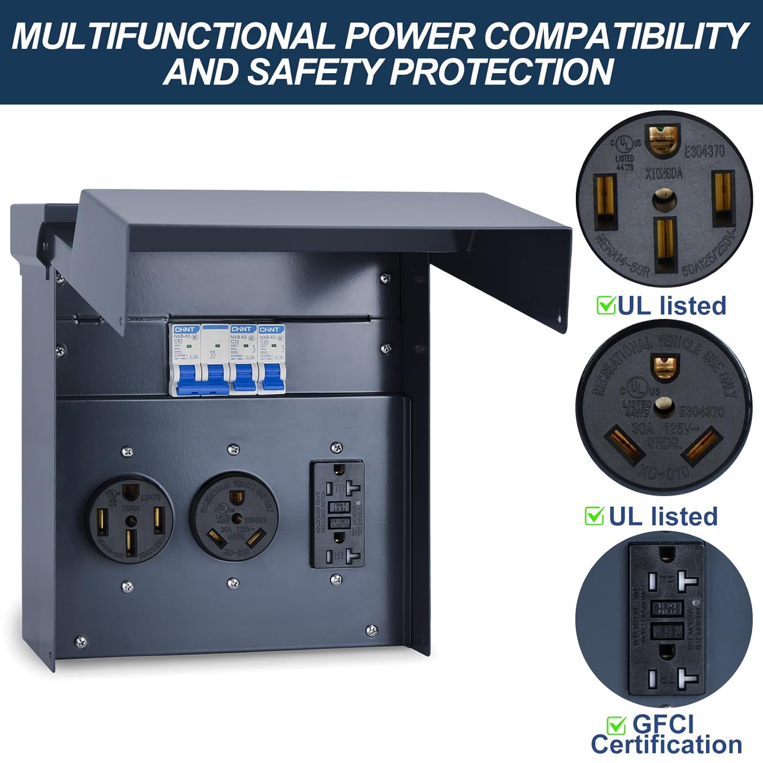RV Electrical Panel with Breaker, Temporary Power Outlet Box, UL 50 30 20Amp Receptacles, Outdoor Weatherproof Metal Enclosure, Easy Setup for Campers, Travel Trailers, Mobile Homes (Blue)