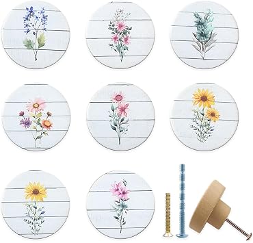 8 Pack Wooden Boho Botanical Wildflower Flower Sunflower Flat Wood Knob Kids Cabinet Dresser Drawer Handle Knobs and Pulls