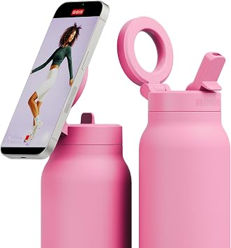 RINGO PRO Insulated Water Bottle, Magnetic Phone Tripod Mount, Pink, 24 oz