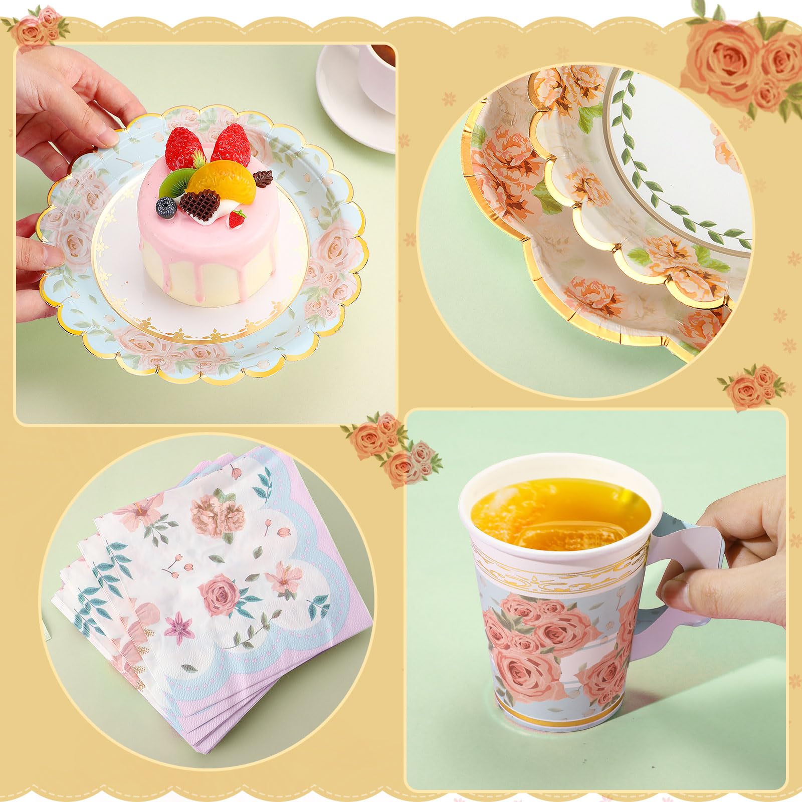 Yungyan 193-teiliges Einweggeschirr-Set mit 266 ml Pappbecher mit Griff, 17,8 cm 22,9 cm Pappteller, Servietten, Tischdecke für Blumen-Teeparty, Hochzeit, Geburtstag, 193-teilig